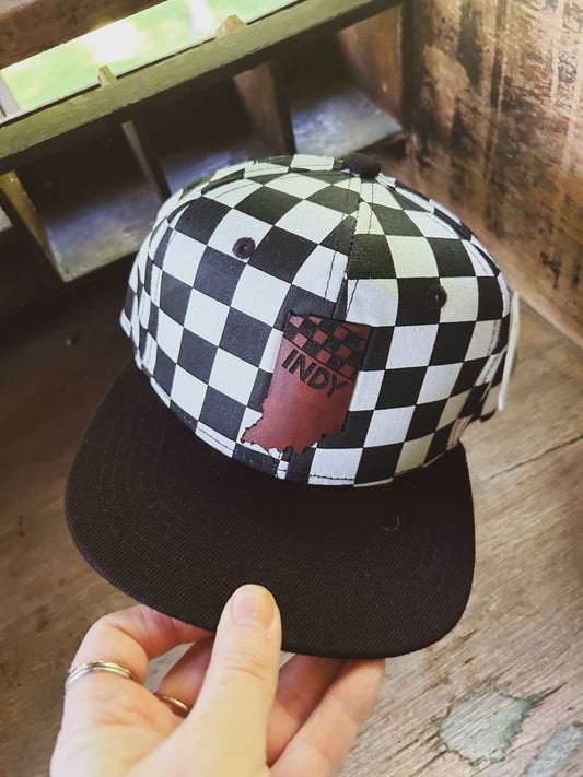 Indy Racing Leather Patch Hat - Checkered Hat with Black Bill