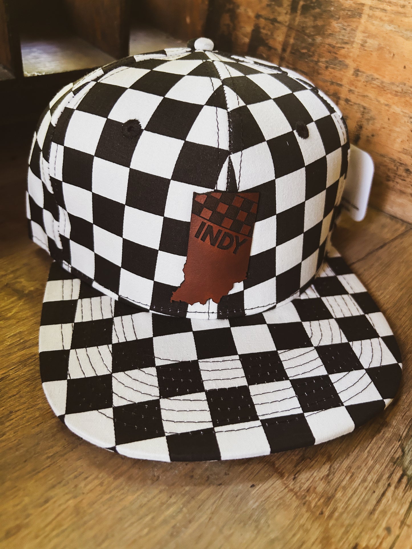 Indy Racing Leather Patch on Checkered Hat