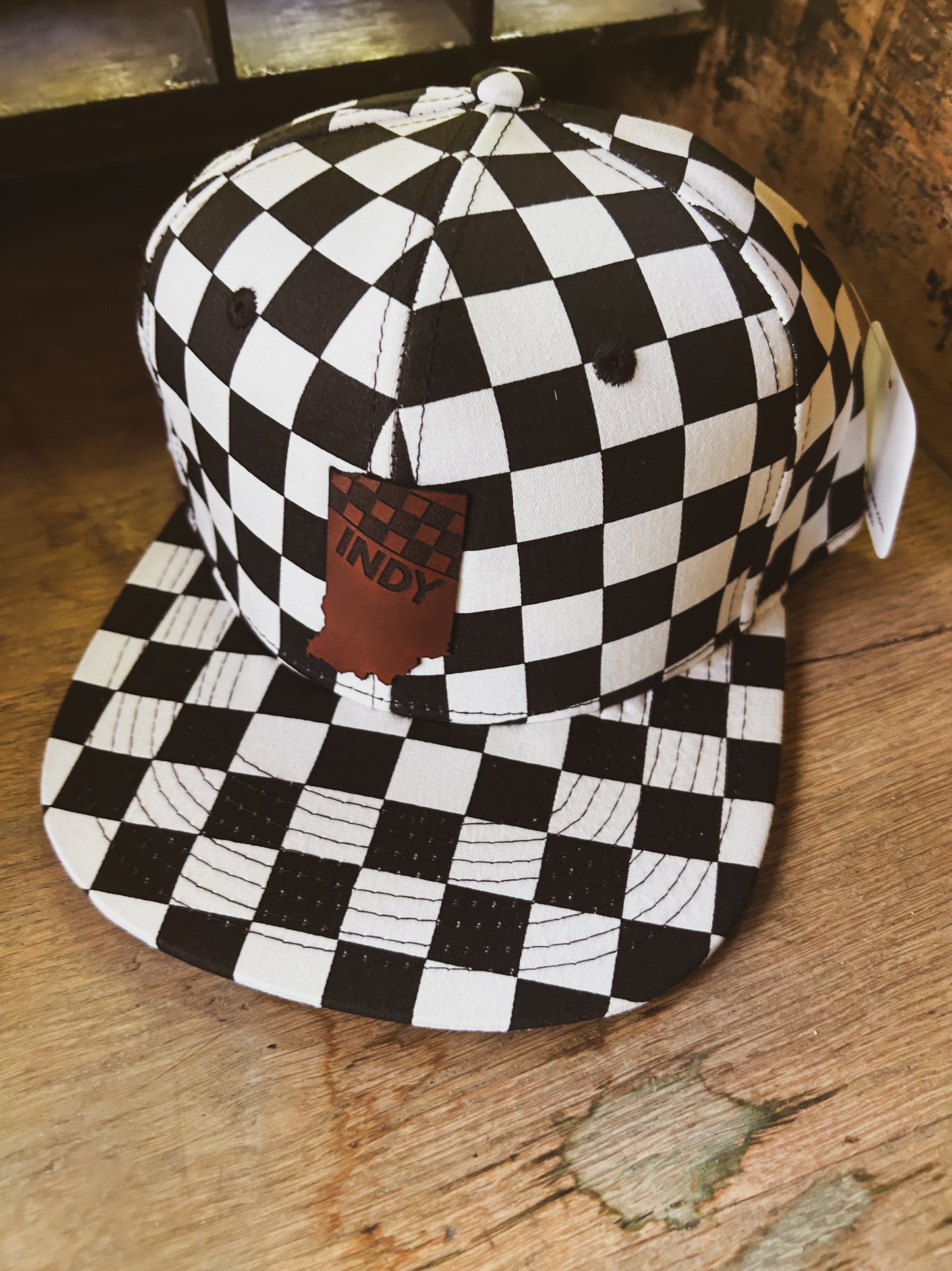 Indy Racing Leather Patch on Checkered Hat