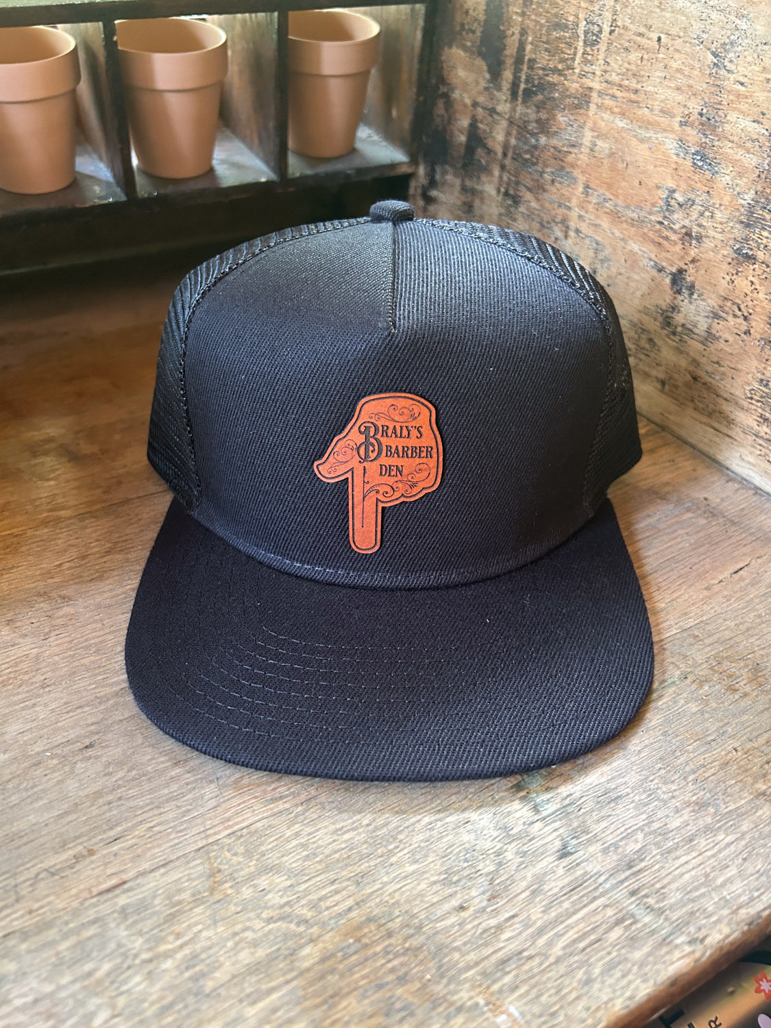 Custom  Logo Leather Patch Hat - Flat Bill Trucker - Adult