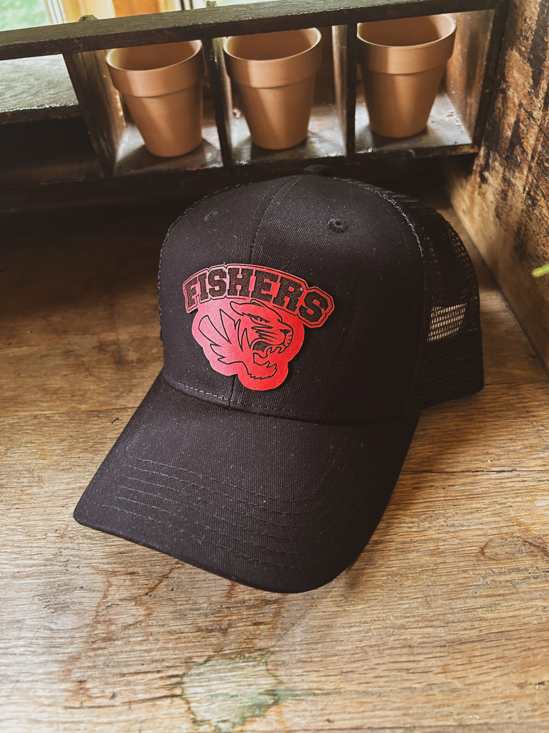 Fishers Tigers - Black Baseball Hat with Red Leather Patch