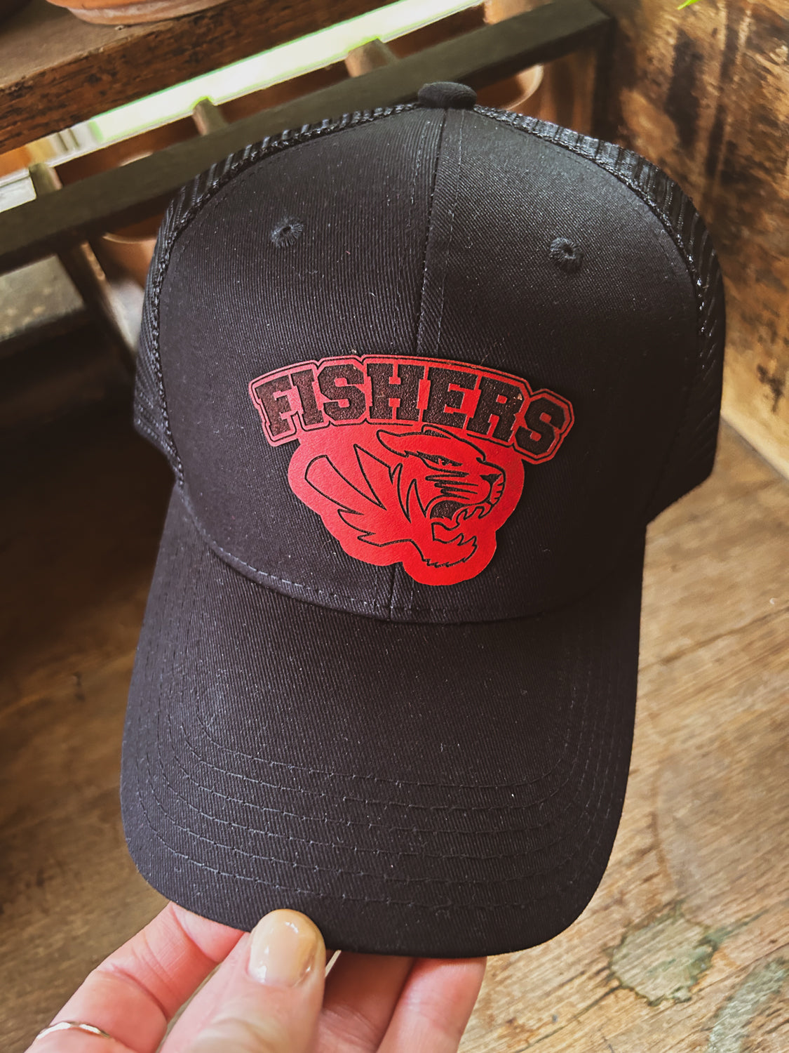 Fishers Tigers - Black Baseball Hat with Red Leather Patch