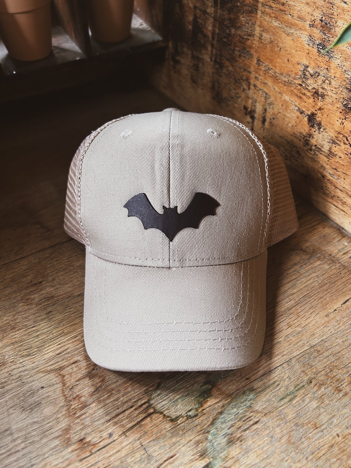 Bat Hat - Leather Patch on Kahki Hat