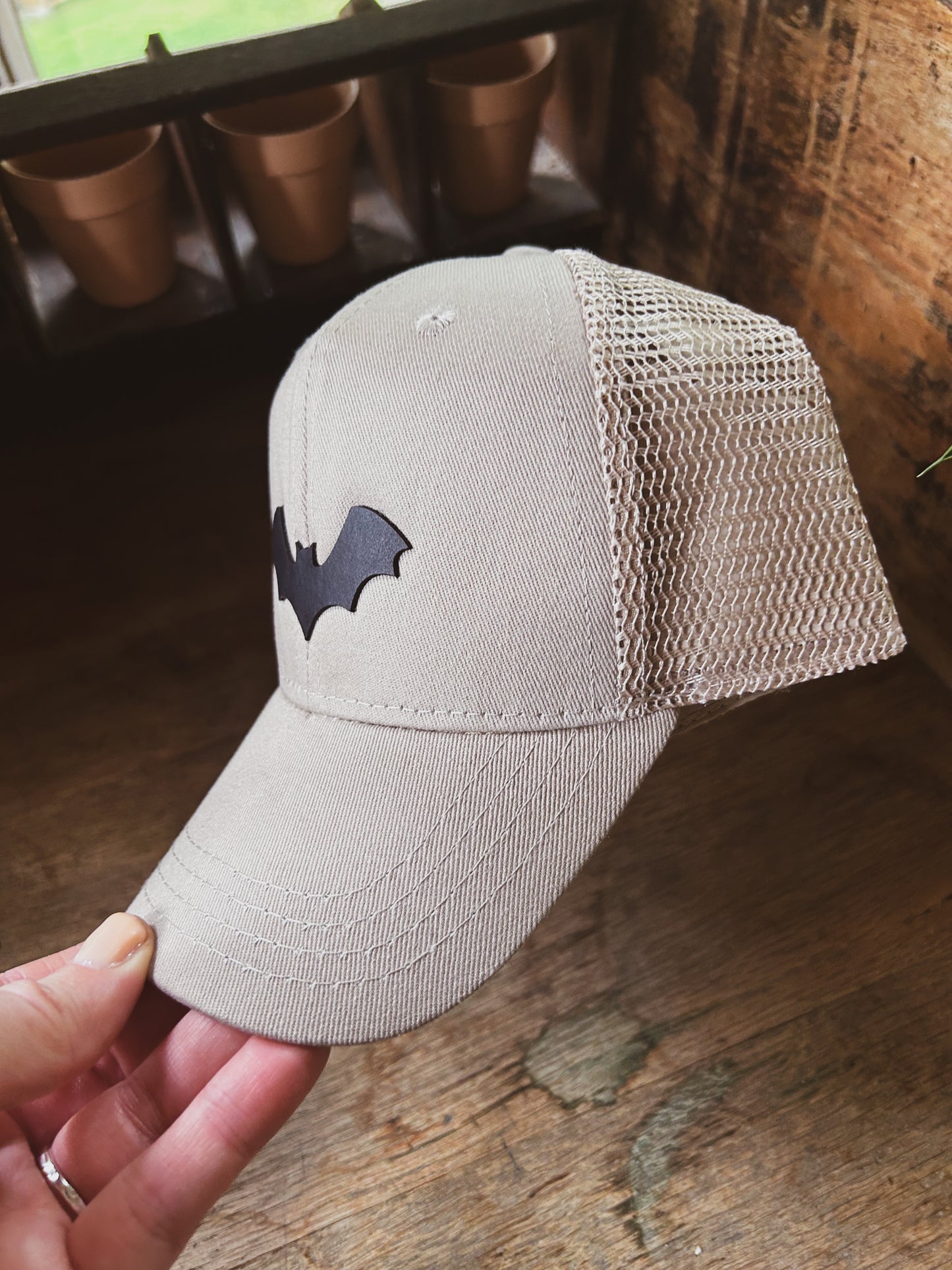 Bat Hat - Leather Patch on Kahki Hat