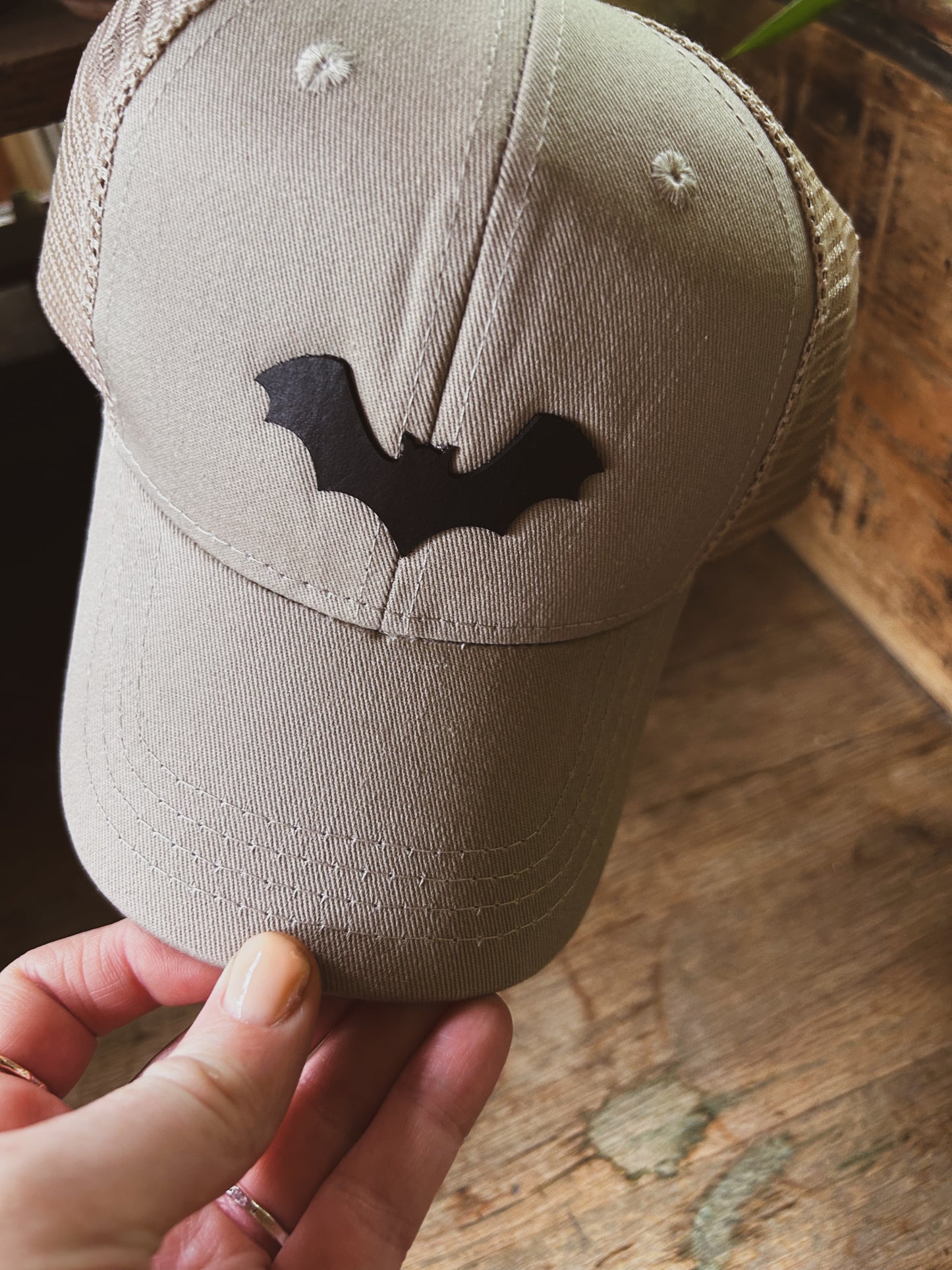 Bat Hat - Leather Patch on Kahki Hat