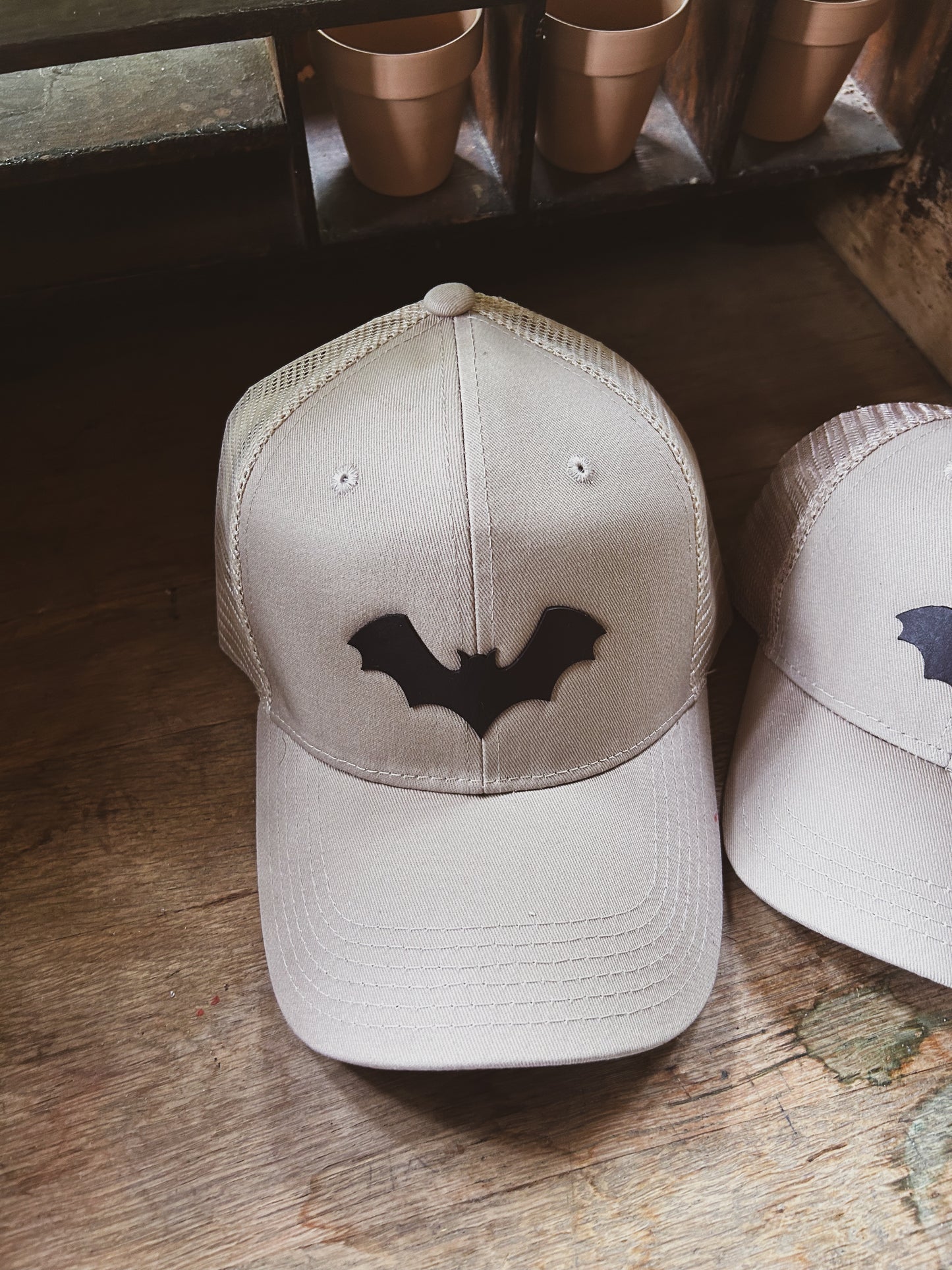 Bat Hat - Leather Patch on Kahki Hat