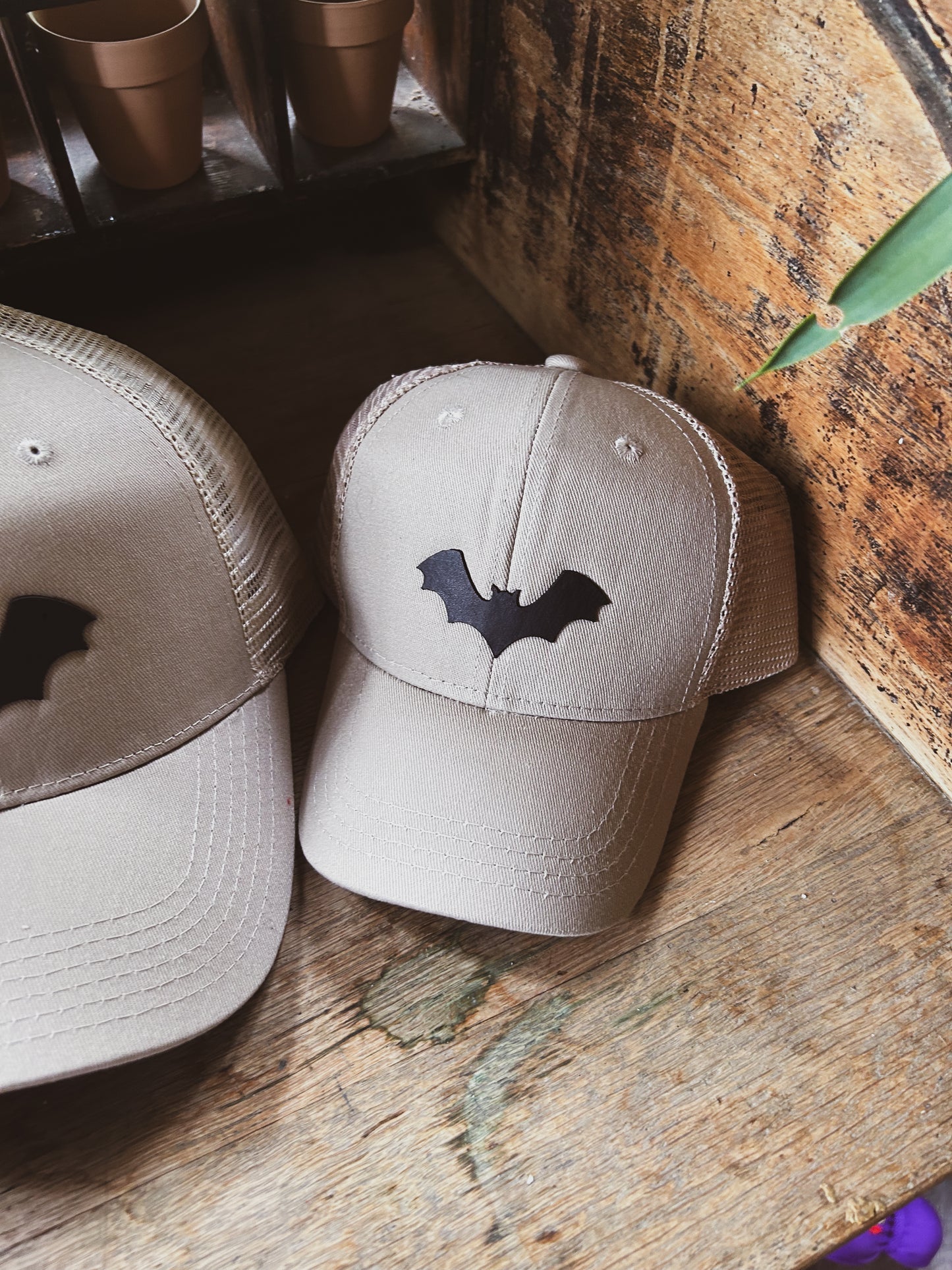 Bat Hat - Leather Patch on Kahki Hat