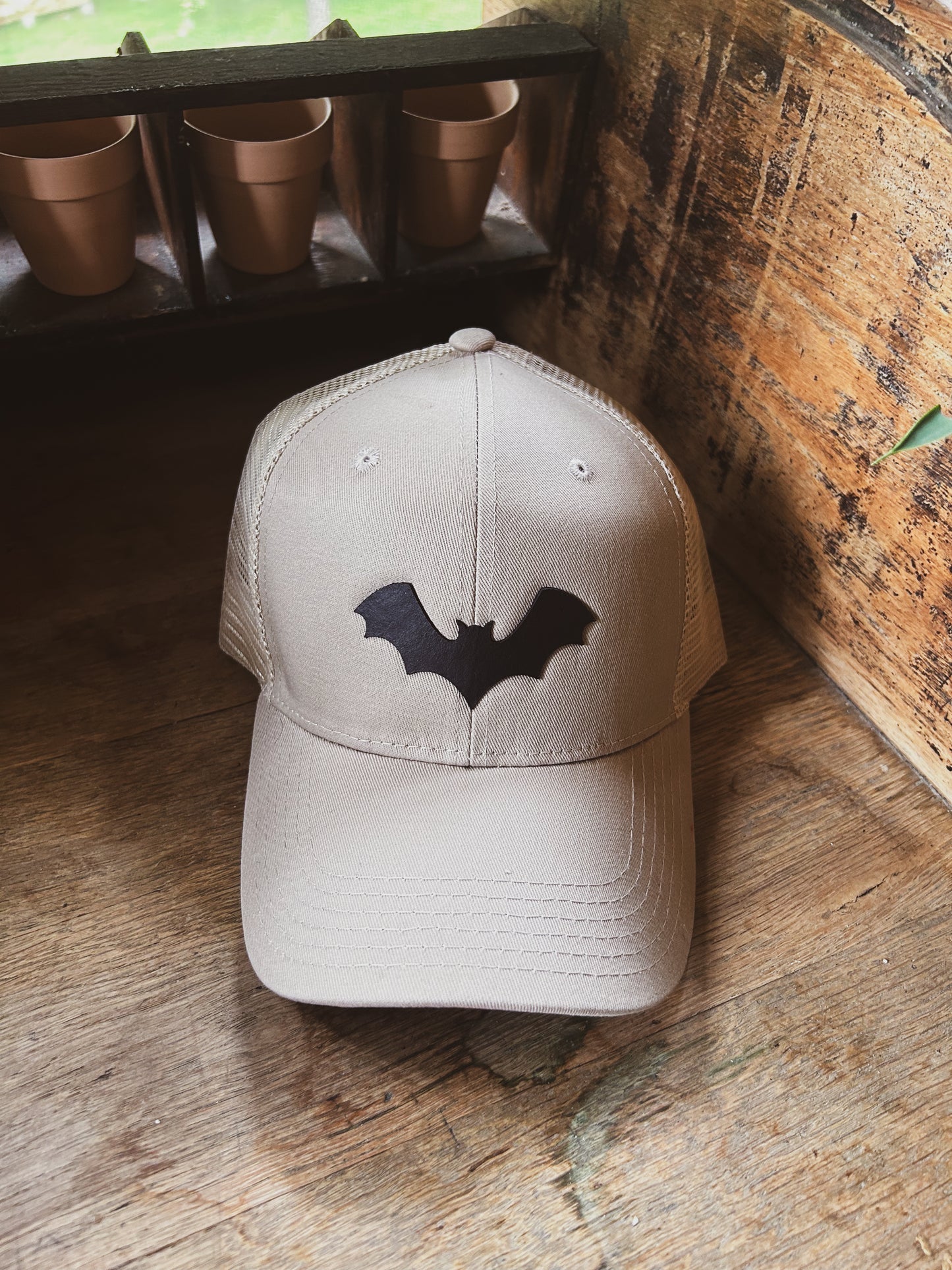 Bat Hat - Leather Patch on Kahki Hat