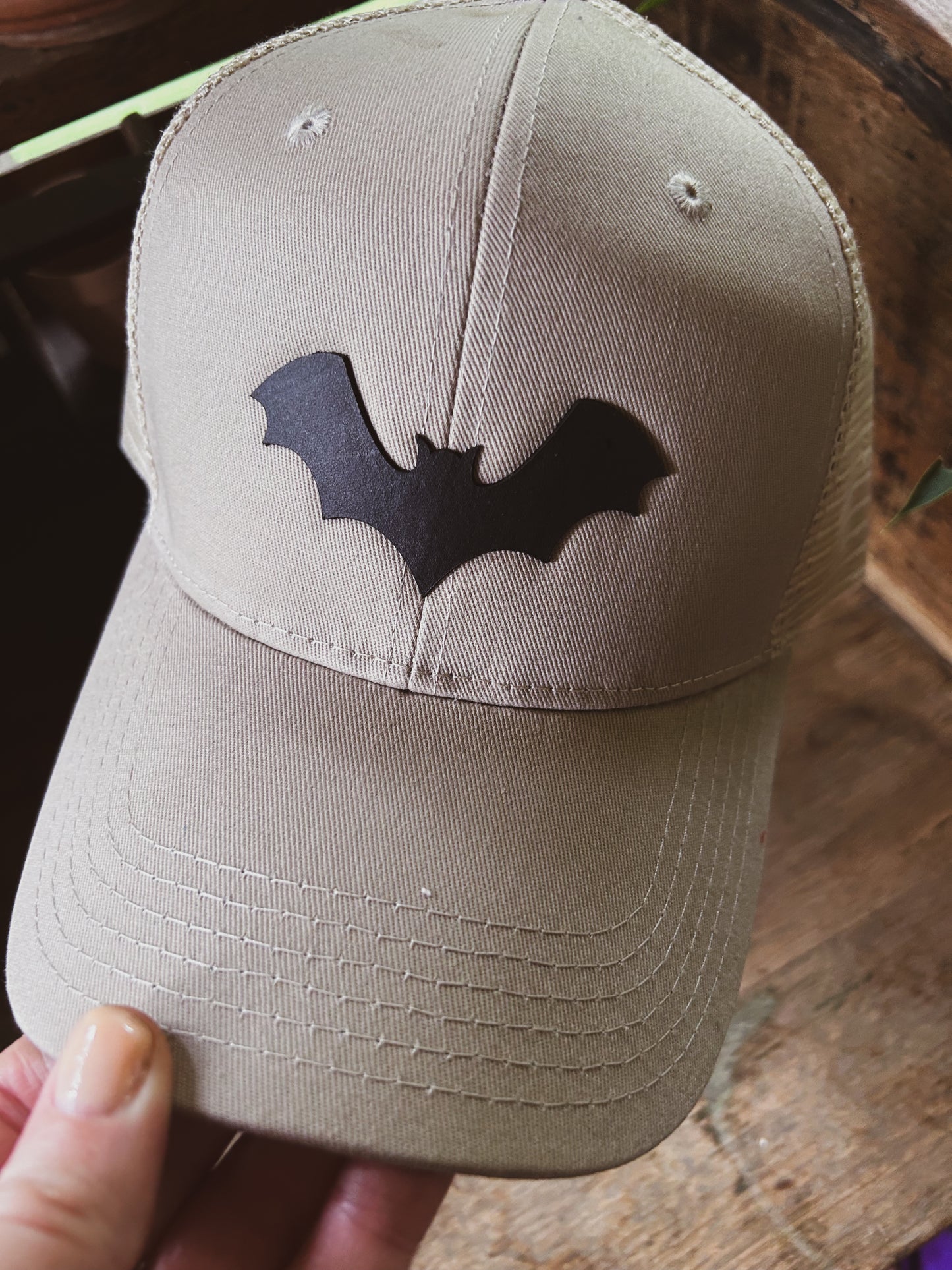 Bat Hat - Leather Patch on Kahki Hat