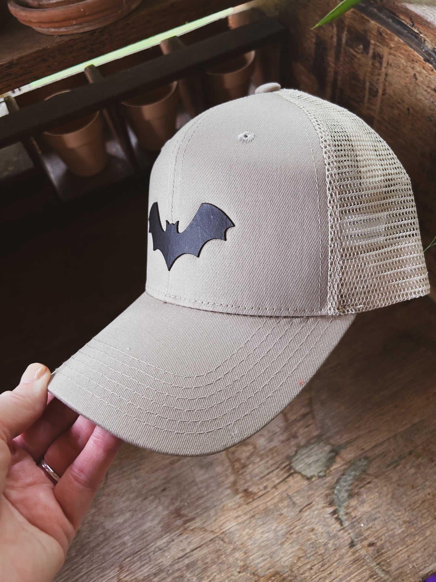 Bat Hat - Leather Patch on Kahki Hat