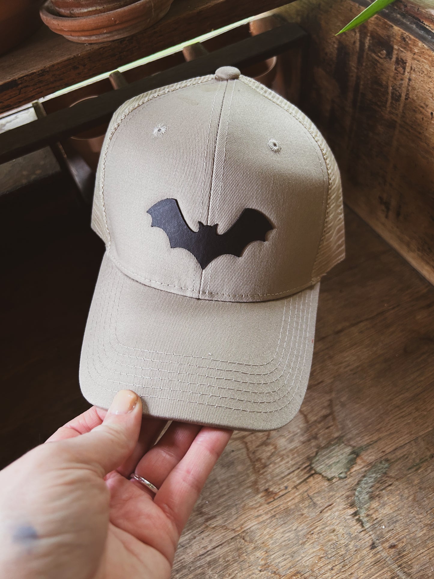 Bat Hat - Leather Patch on Kahki Hat