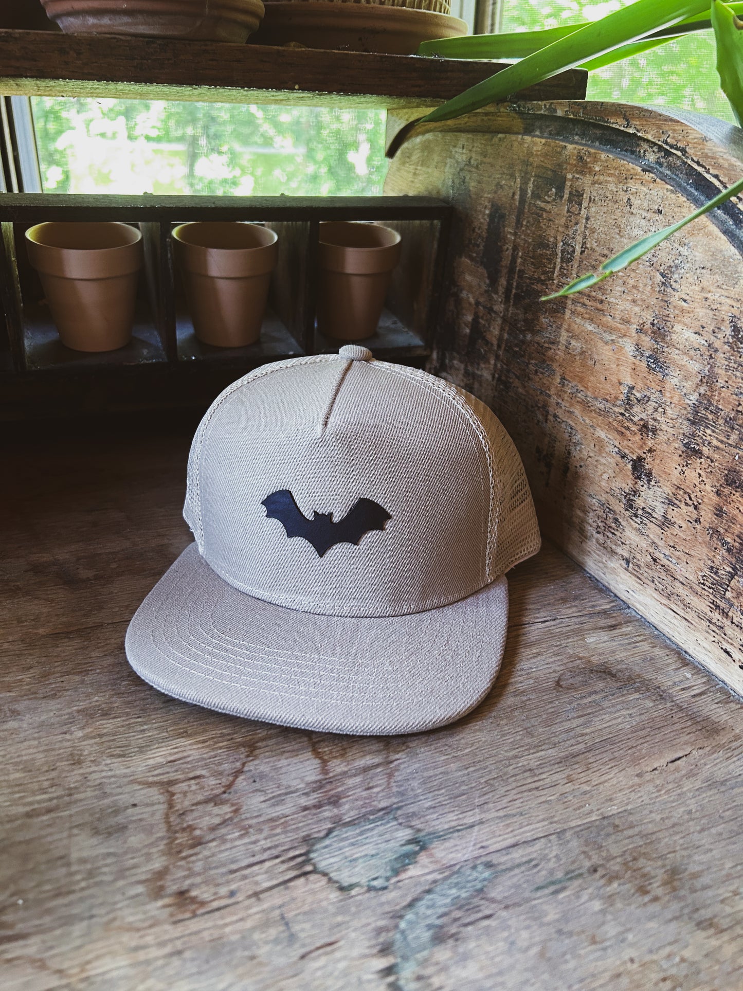 Bat Hat - Leather Patch on Kahki Hat