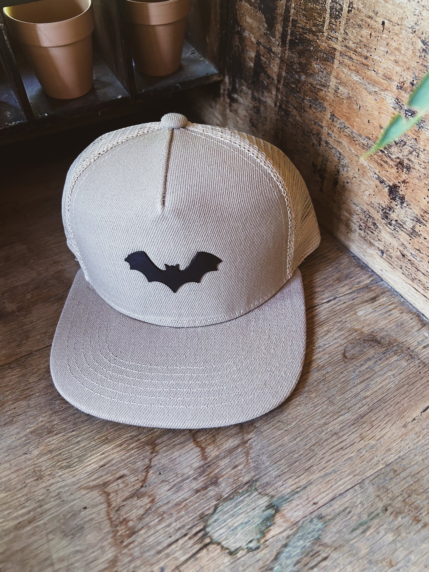 Bat Hat - Leather Patch on Kahki Hat