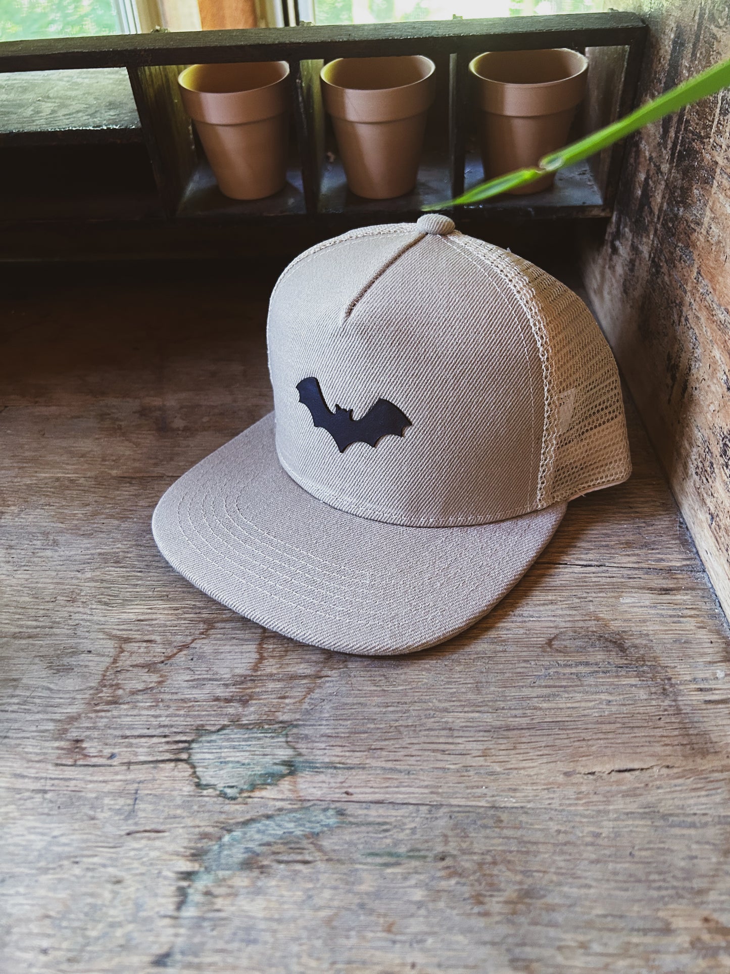 Bat Hat - Leather Patch on Kahki Hat