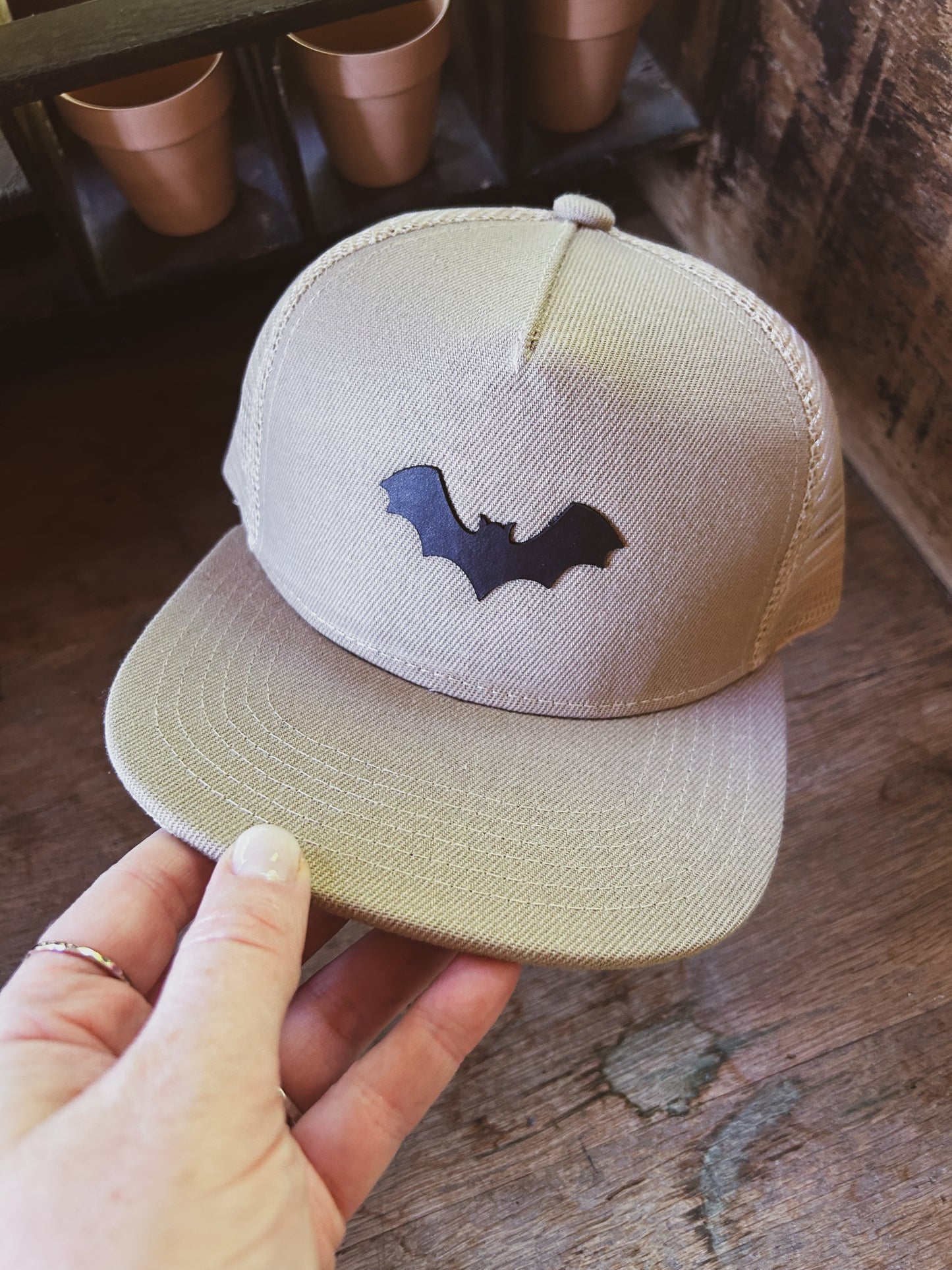 Bat Hat - Leather Patch on Kahki Hat