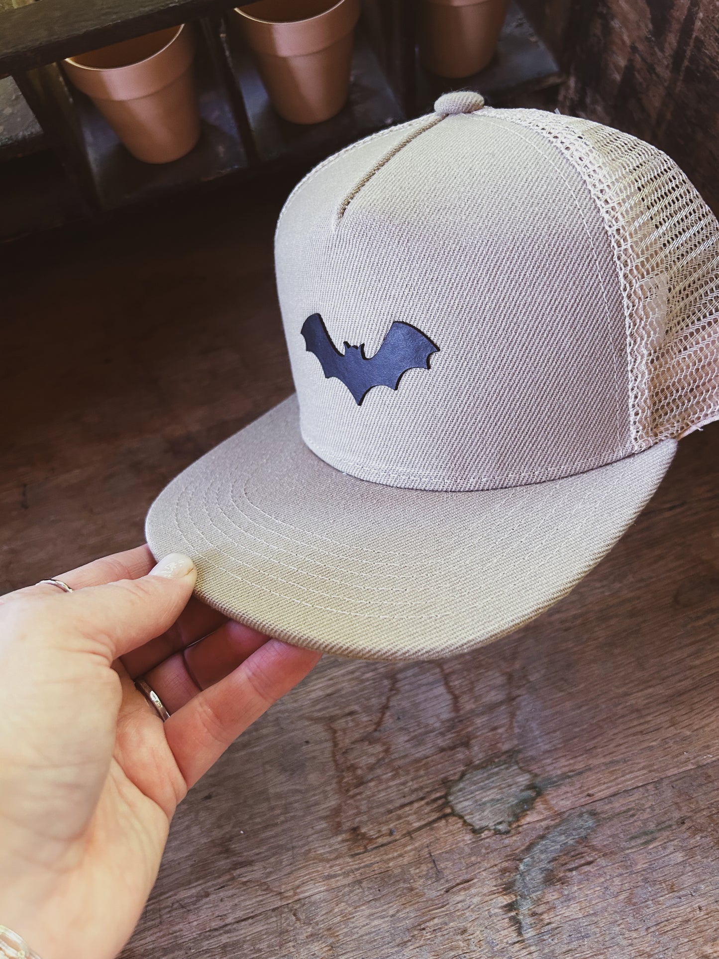 Bat Hat - Leather Patch on Kahki Hat