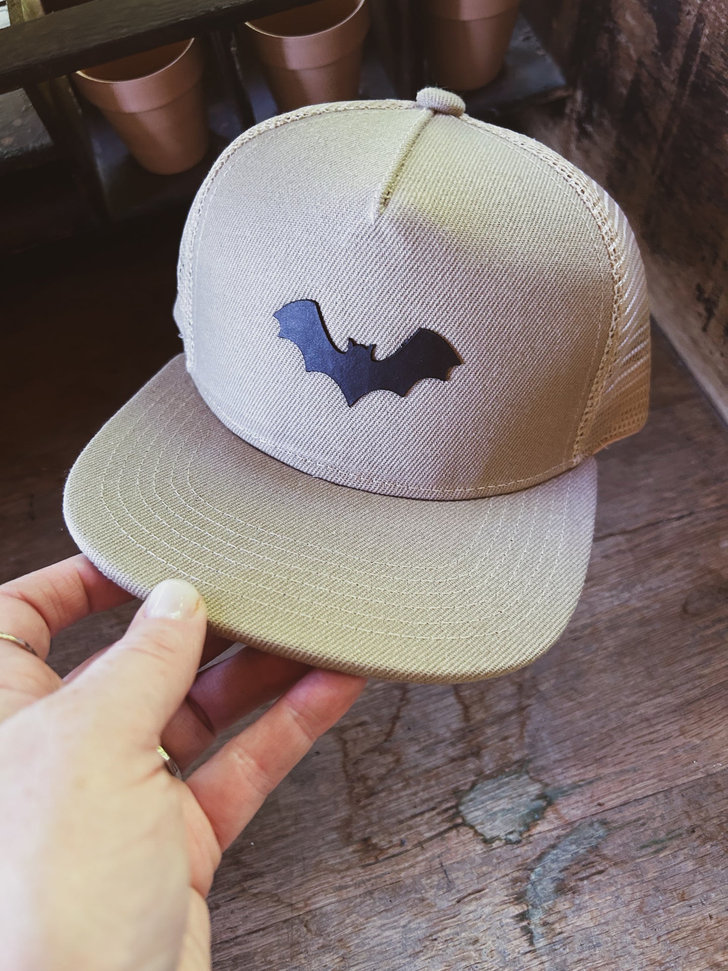 Bat Hat - Leather Patch on Kahki Hat