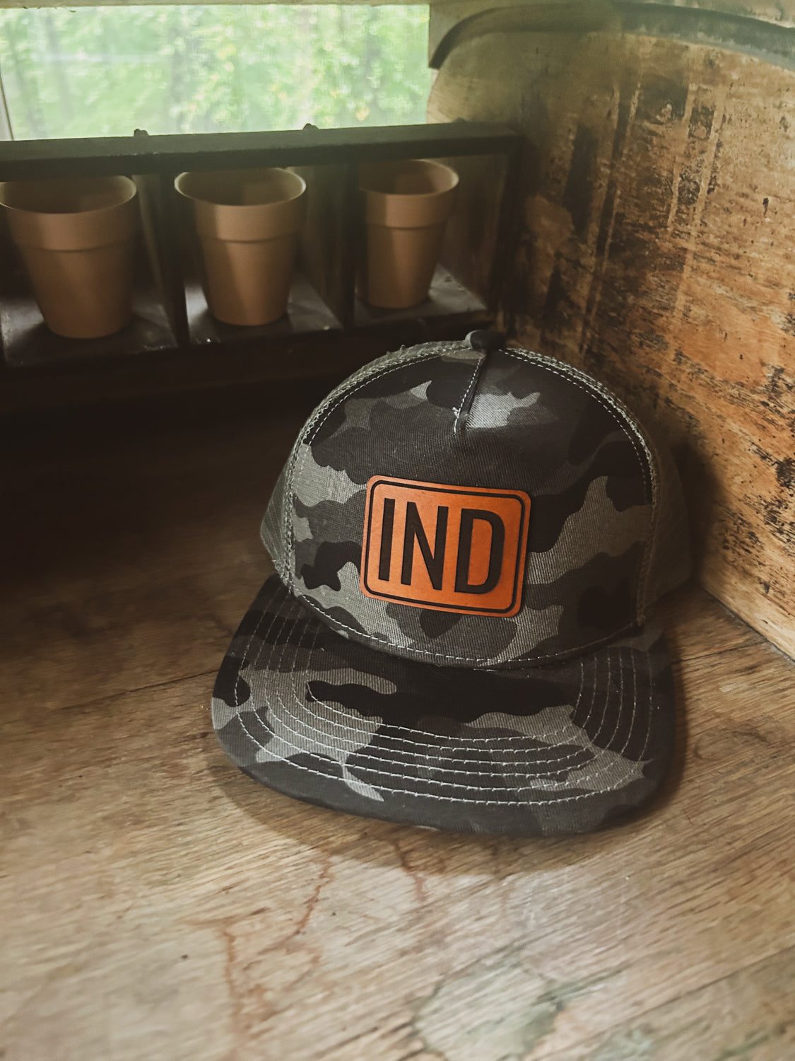 IND Leather Patch on Gray Camo Trucker Hat - Kids