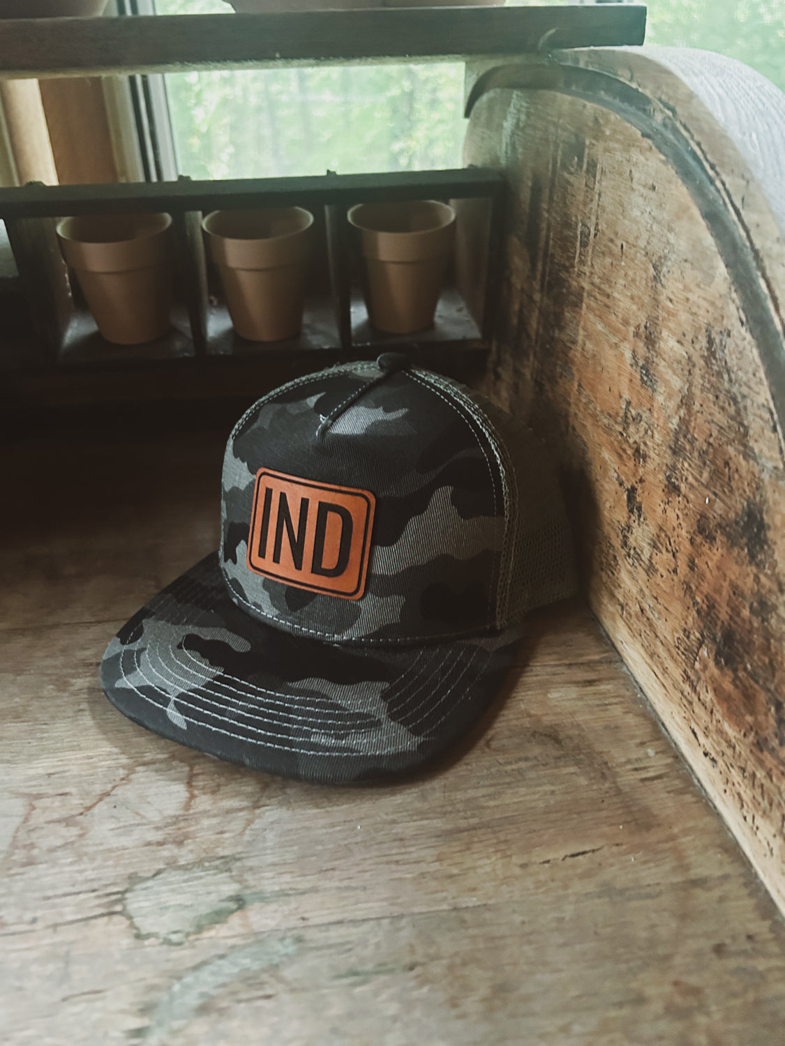 IND Leather Patch on Gray Camo Trucker Hat - Kids