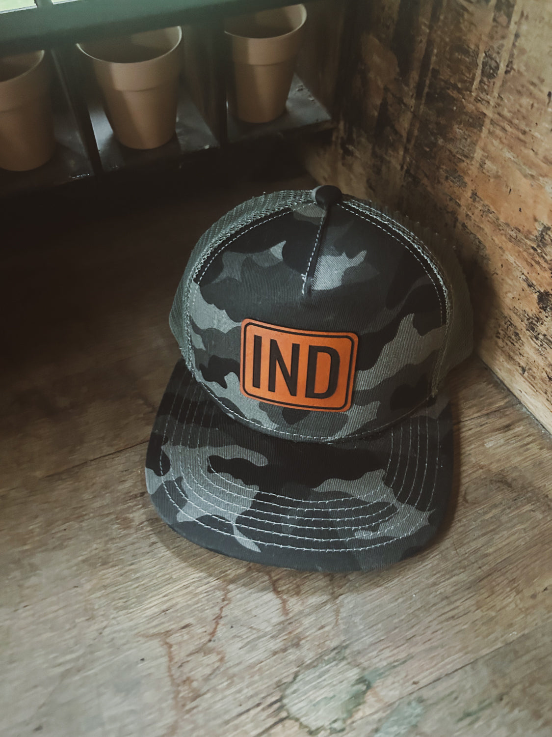 IND Leather Patch on Gray Camo Trucker Hat - Kids