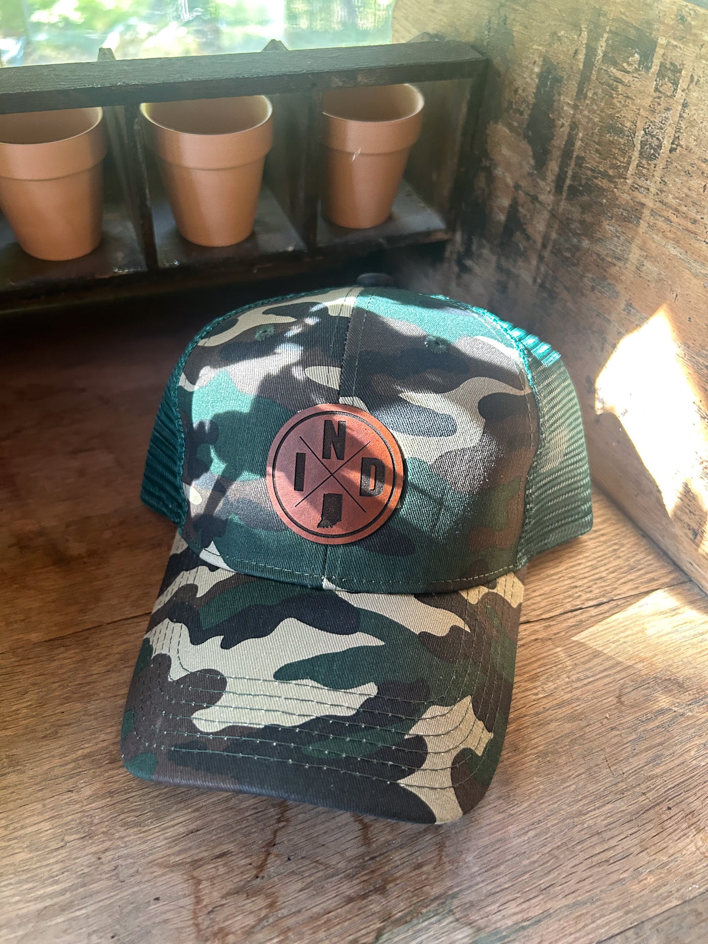 IND Circle Patch on Camo Hat