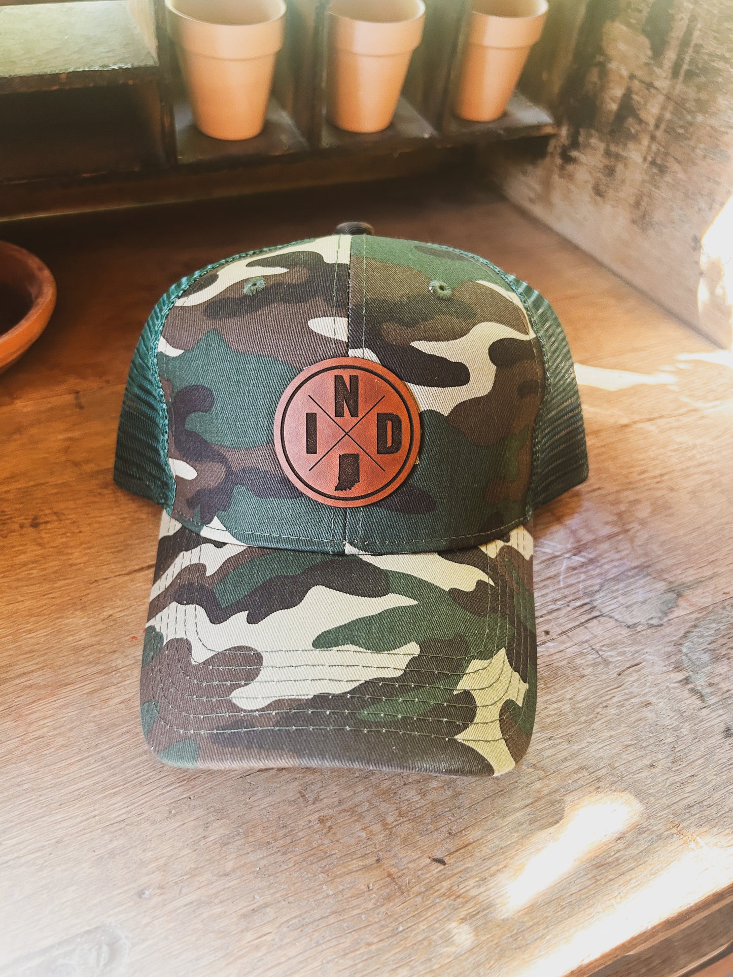 IND Circle Patch on Camo Hat