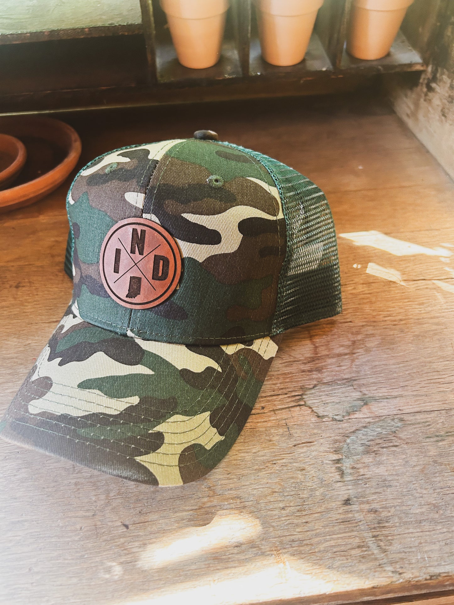 IND Circle Patch on Camo Hat