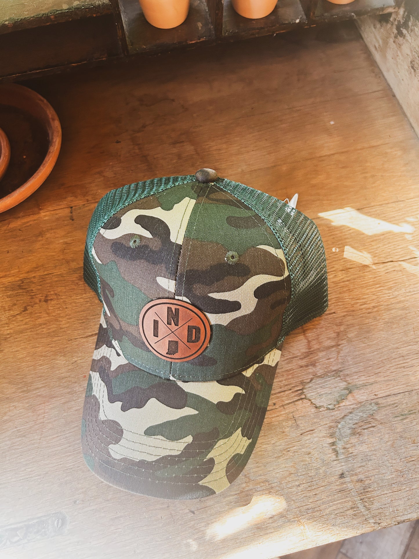 IND Circle Patch on Camo Hat