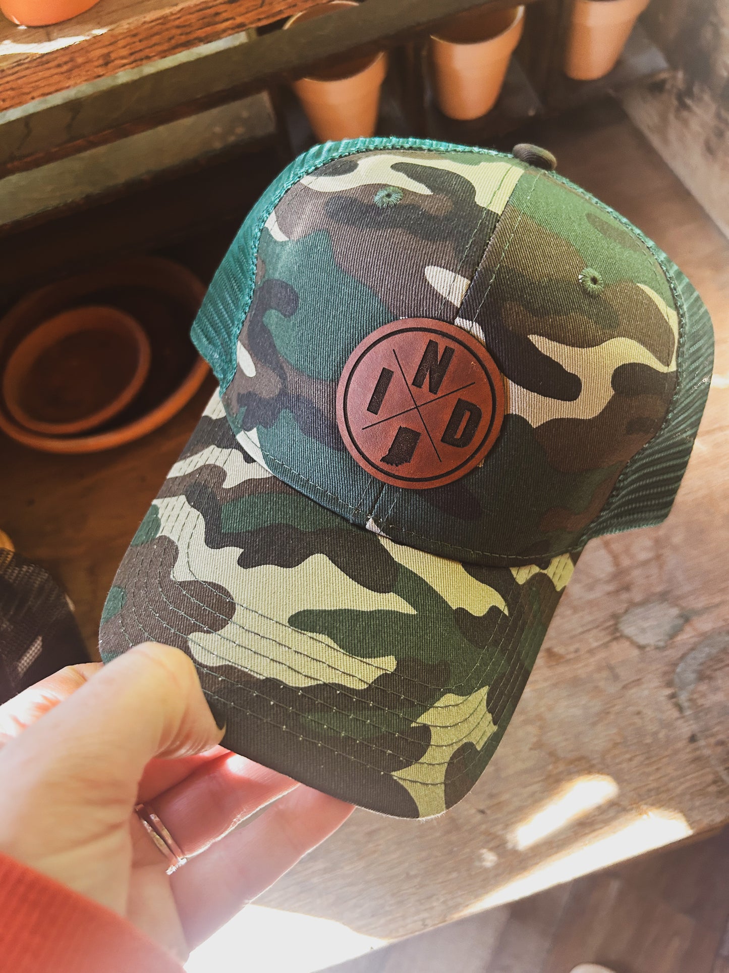 IND Circle Patch on Camo Hat