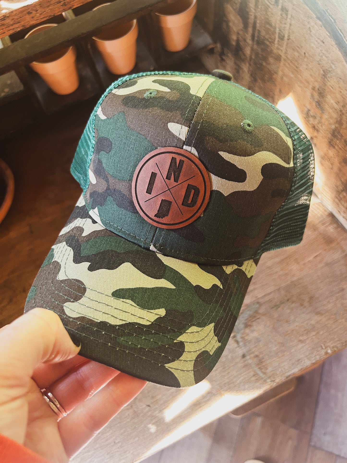 IND Circle Patch on Camo Hat