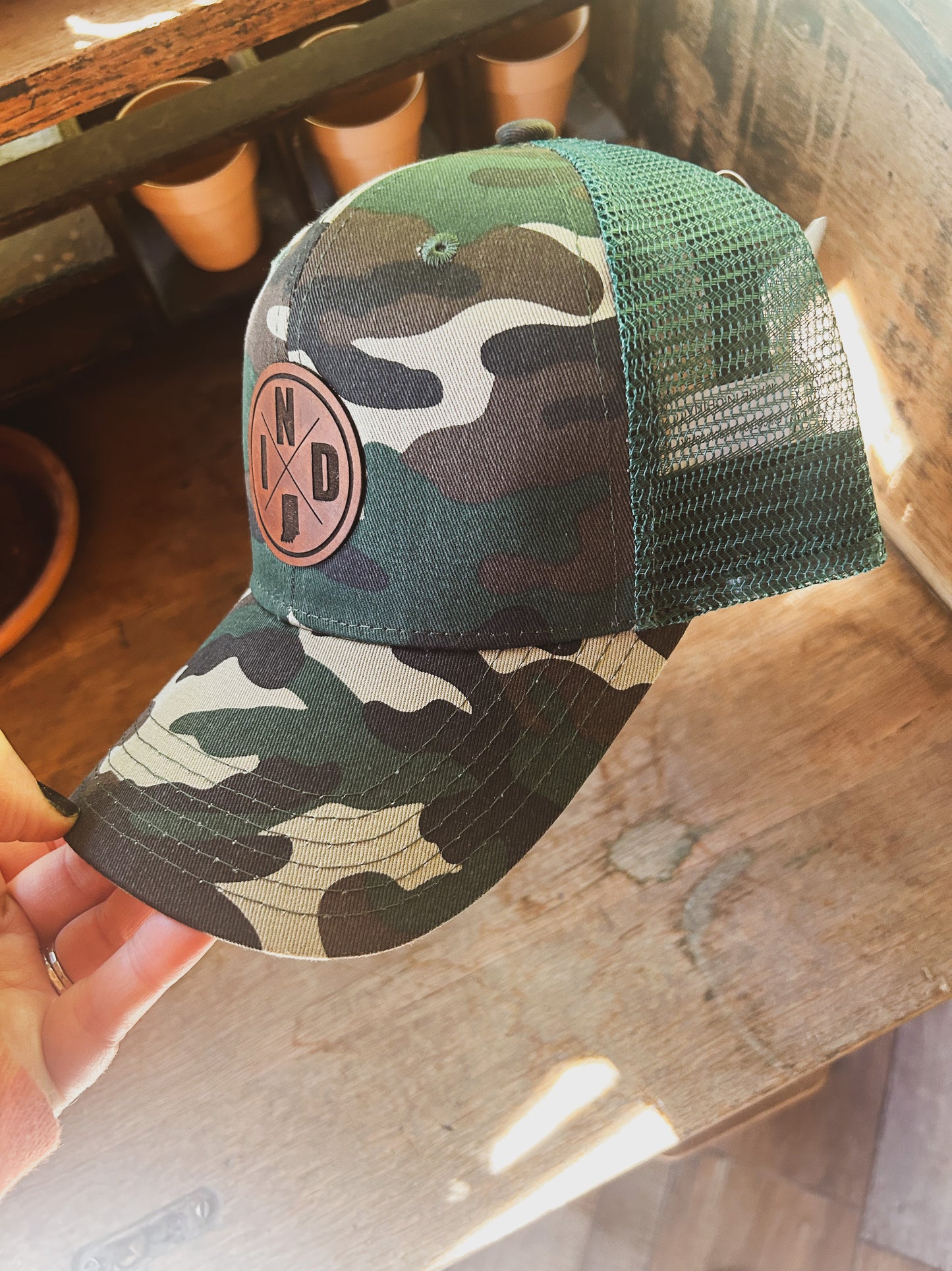 IND Circle Patch on Camo Hat