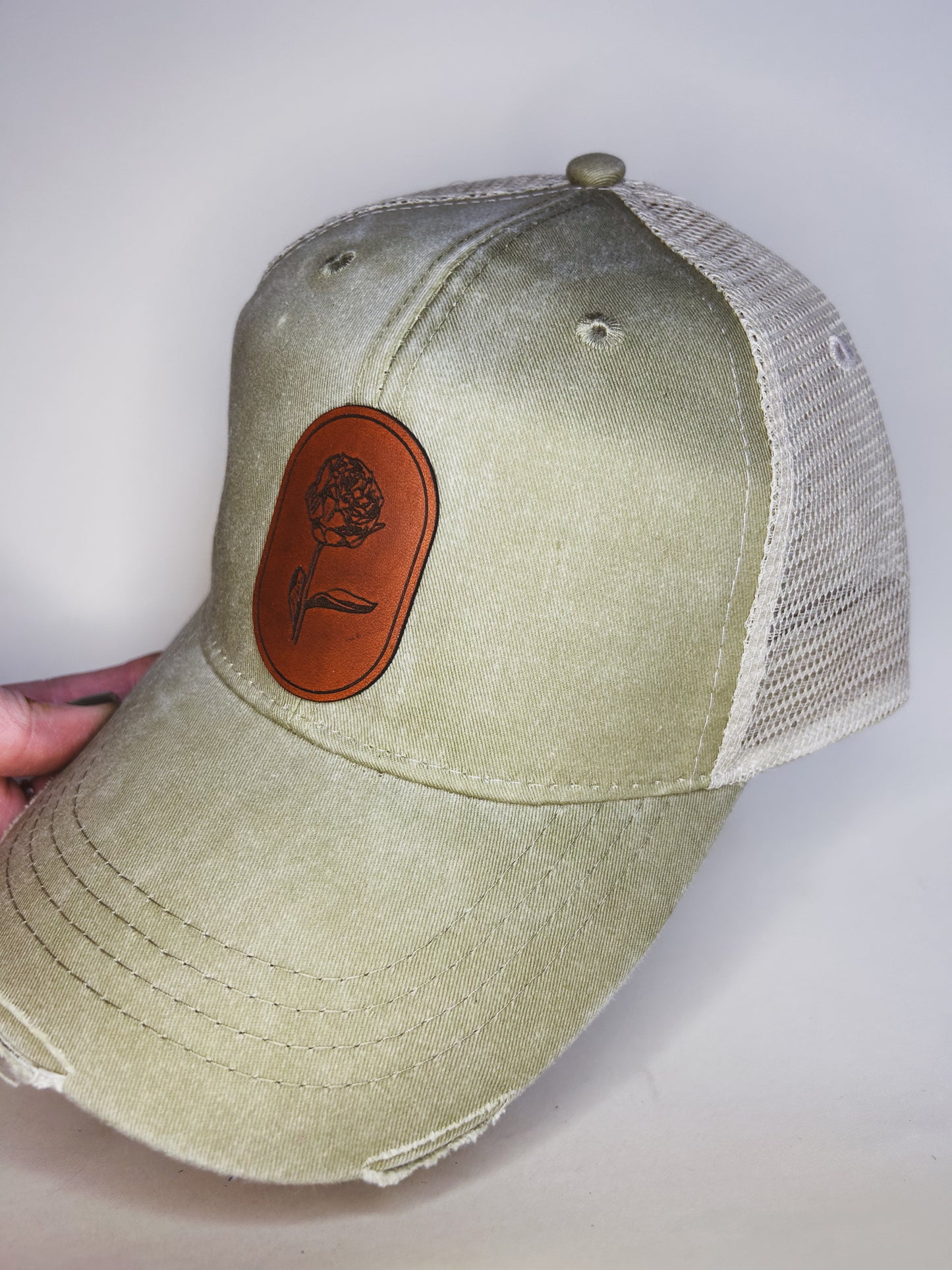 Oval Peony Patch on Distressed Olive Baseball Hat