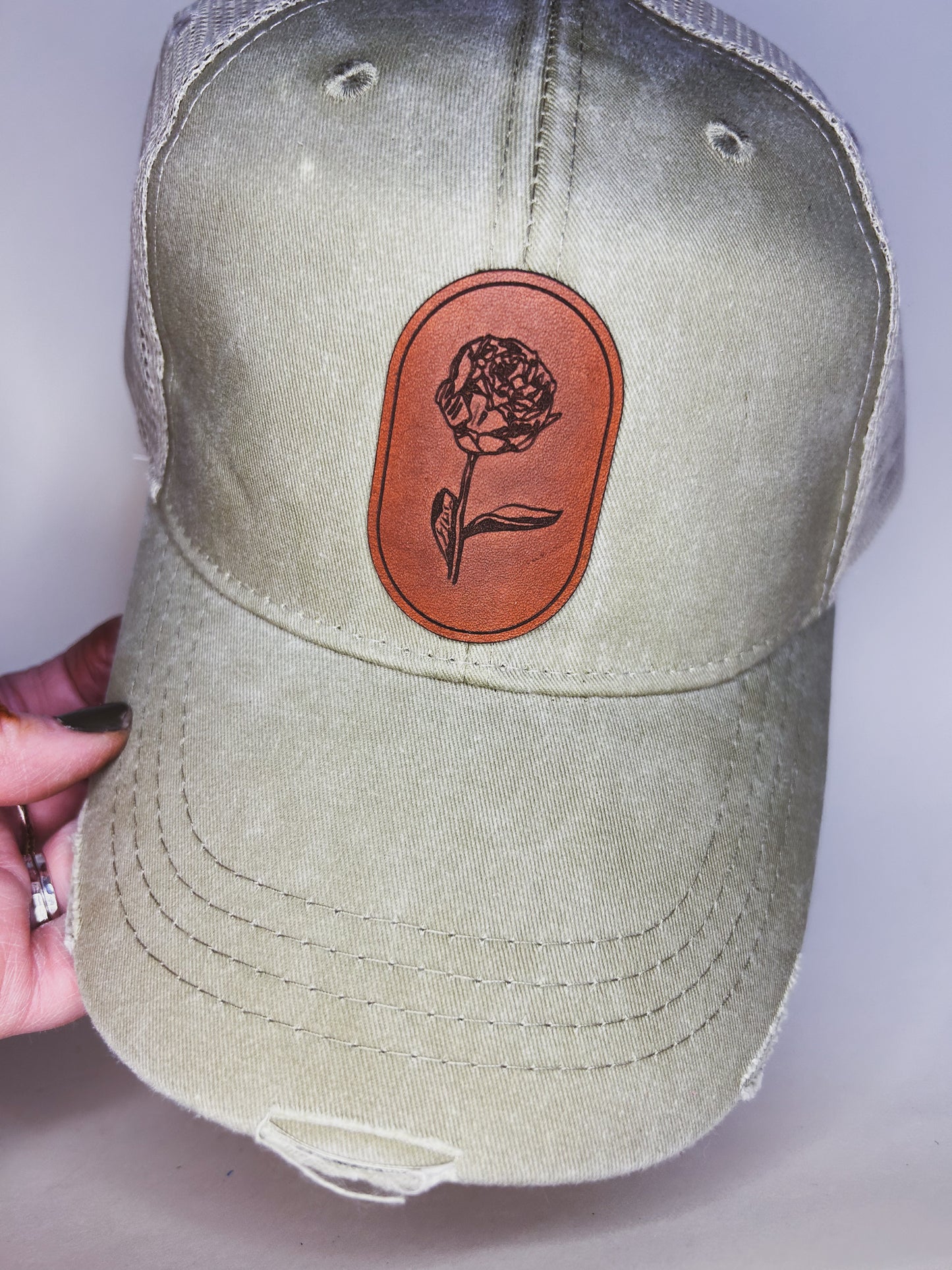 Oval Peony Patch on Distressed Olive Baseball Hat