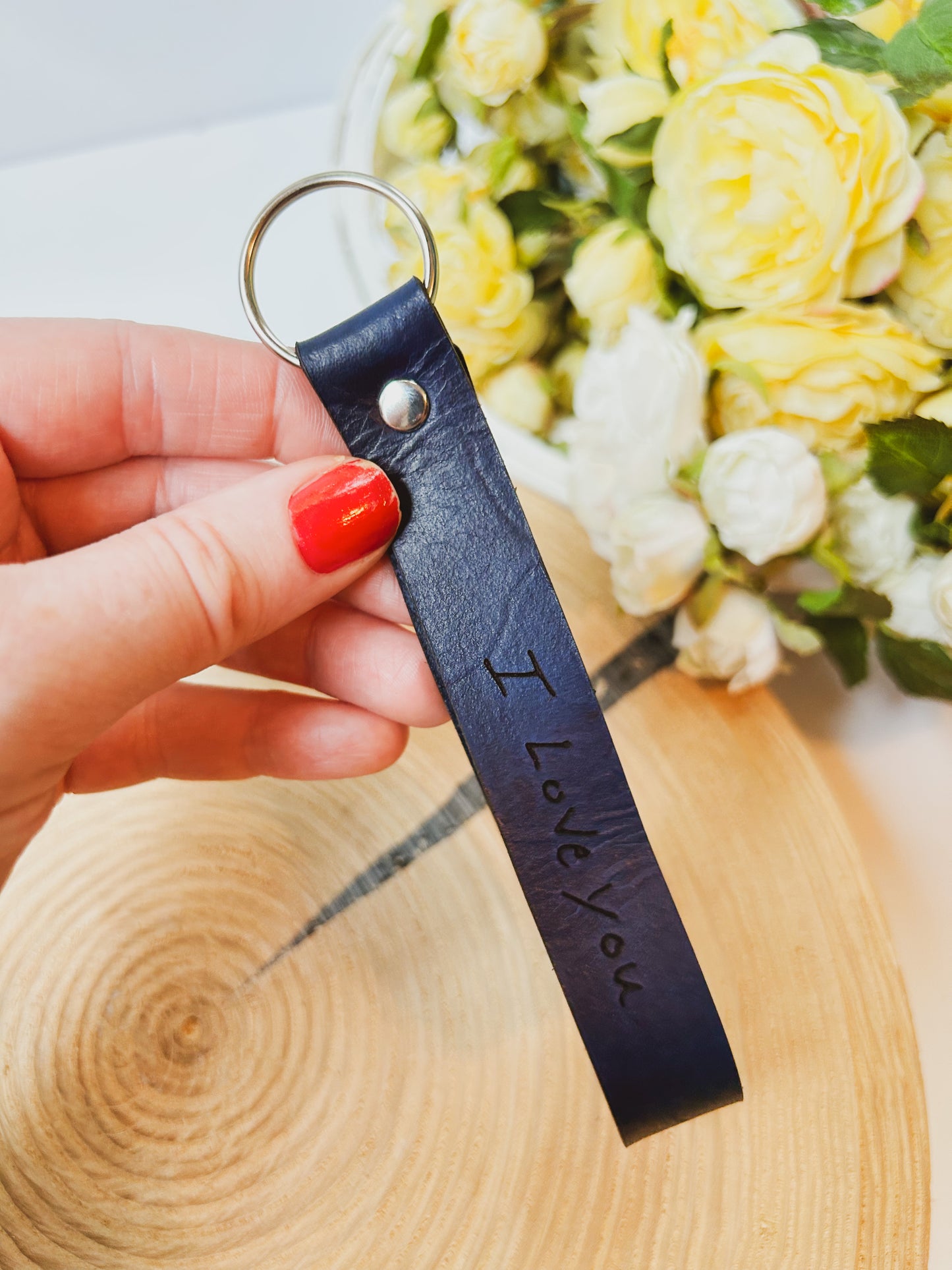 Leather Wristlet Keychain with Actual Handwriting Engraved