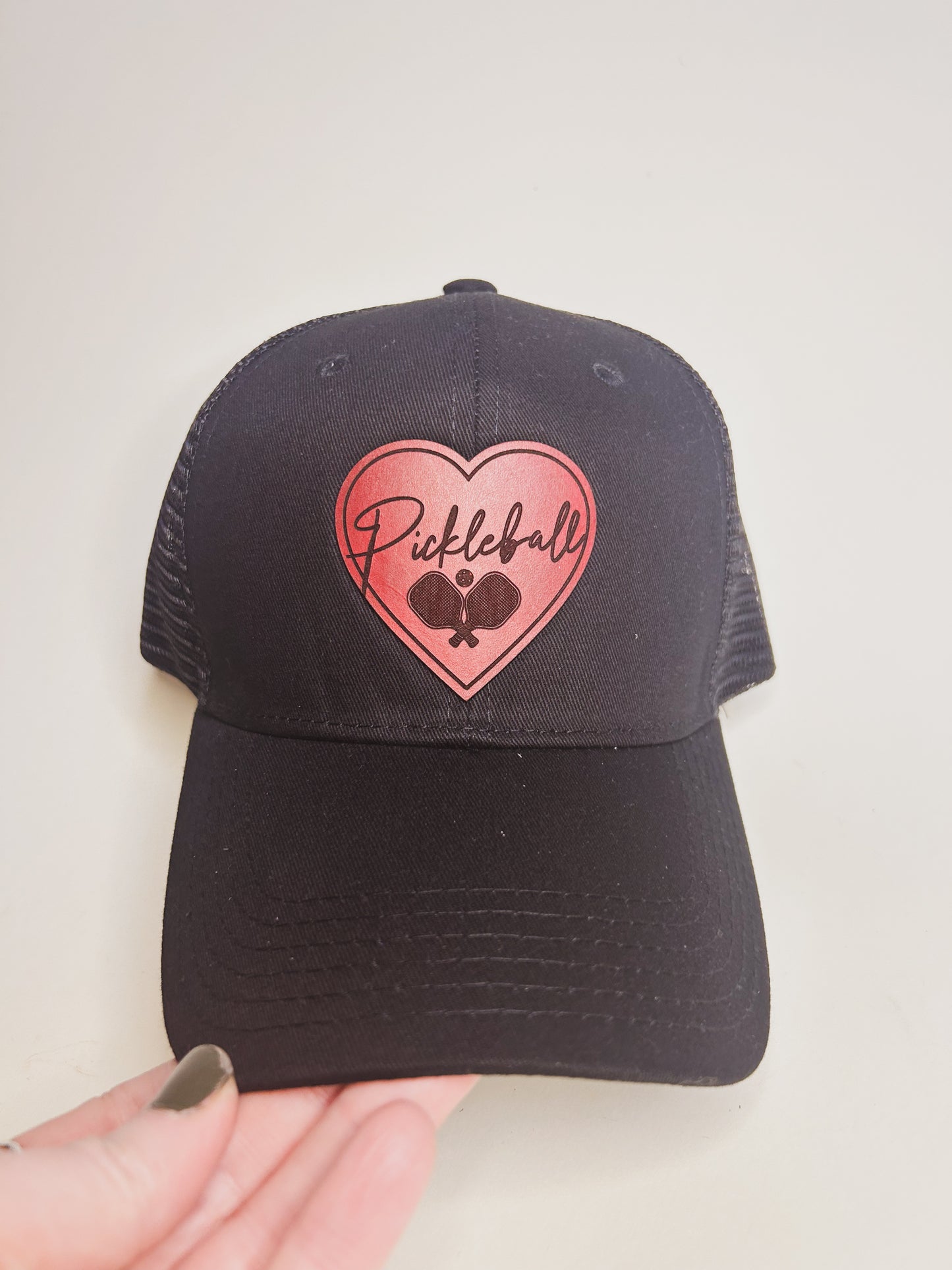 Pickleball Heart Leather Patch on Black Baseball hat