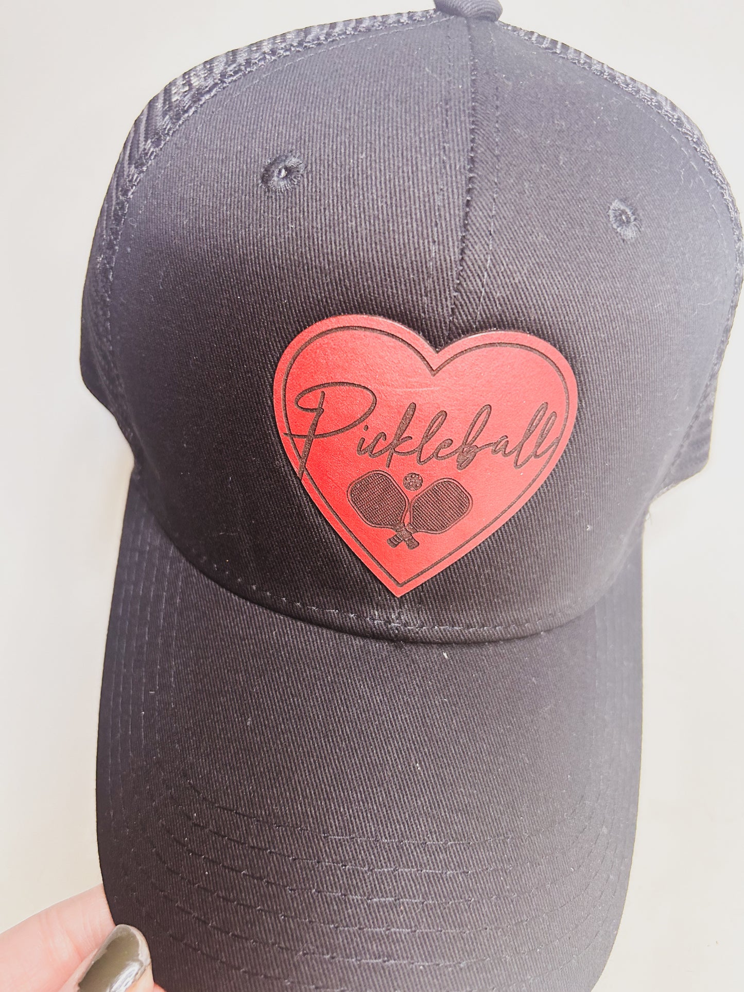 Pickleball Heart Leather Patch on Black Baseball hat