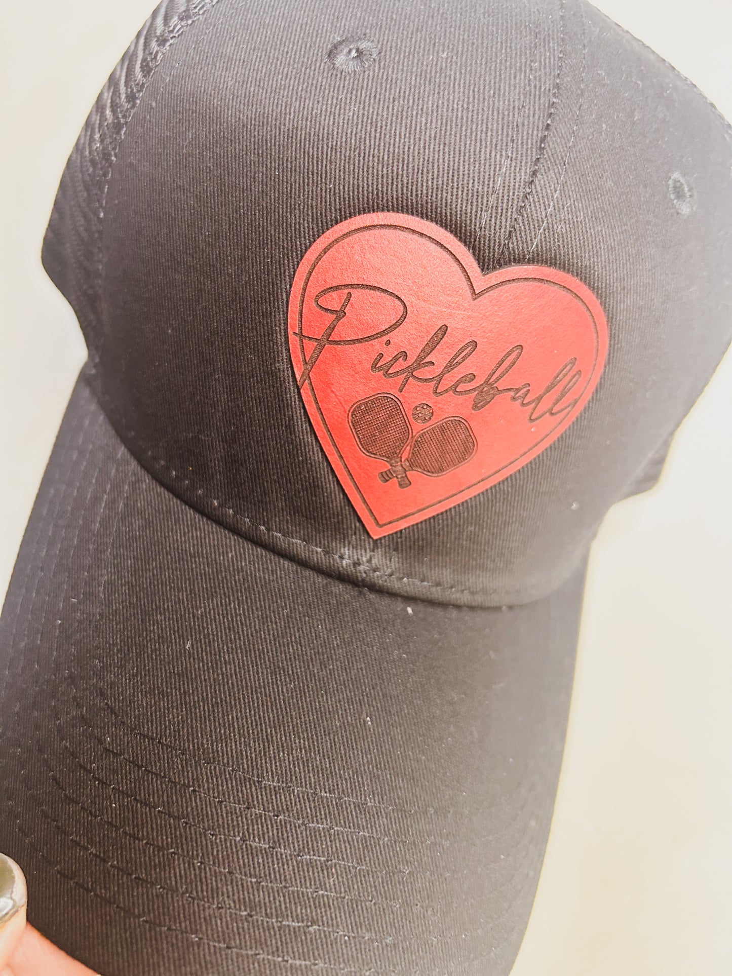 Pickleball Heart Leather Patch on Black Baseball hat