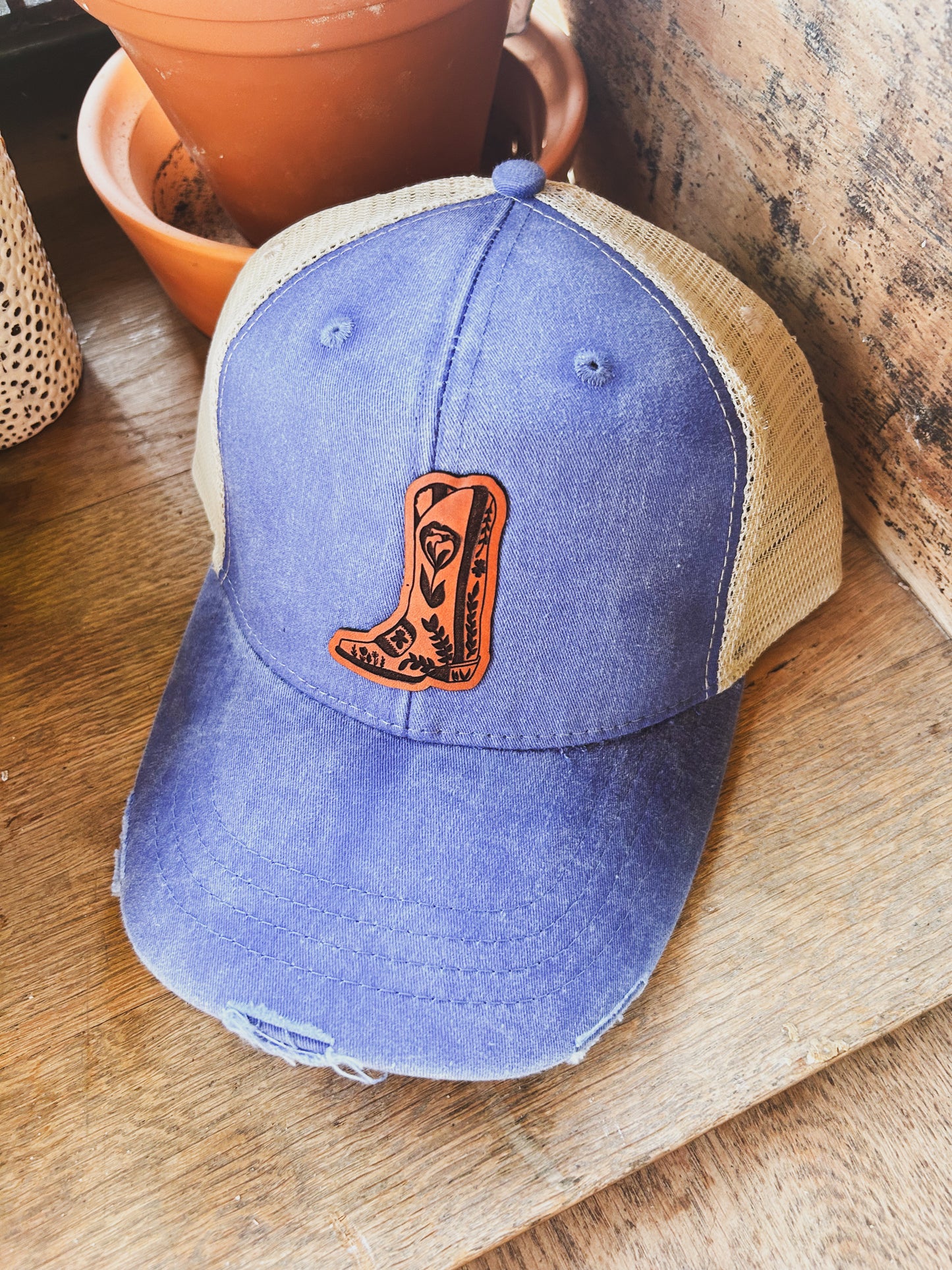 Floral Boot Leather Patch Hat on Distressed Blue