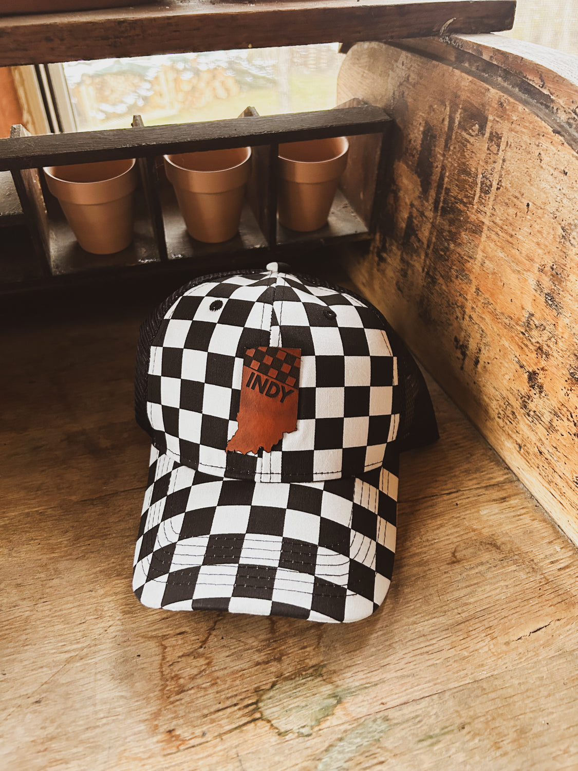 Indy Racing Leather Patch on Curved Checkered Hat - Mesh Back