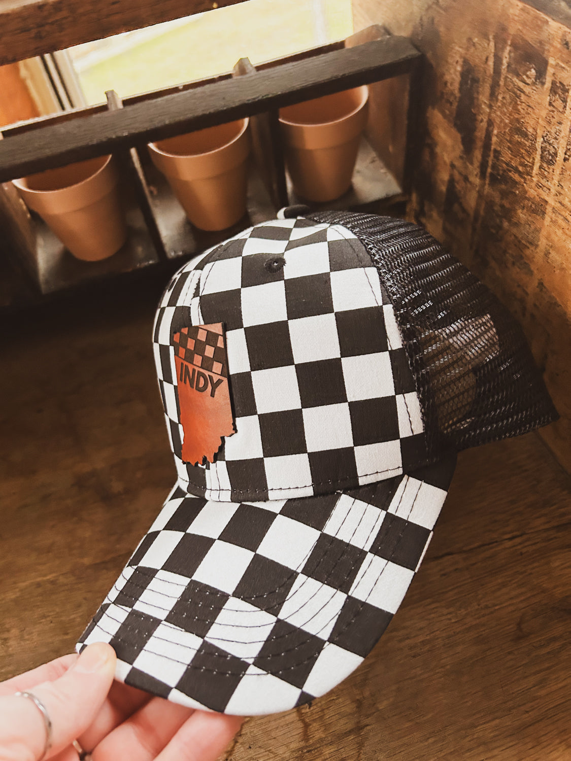 Indy Racing Leather Patch on Curved Checkered Hat - Mesh Back