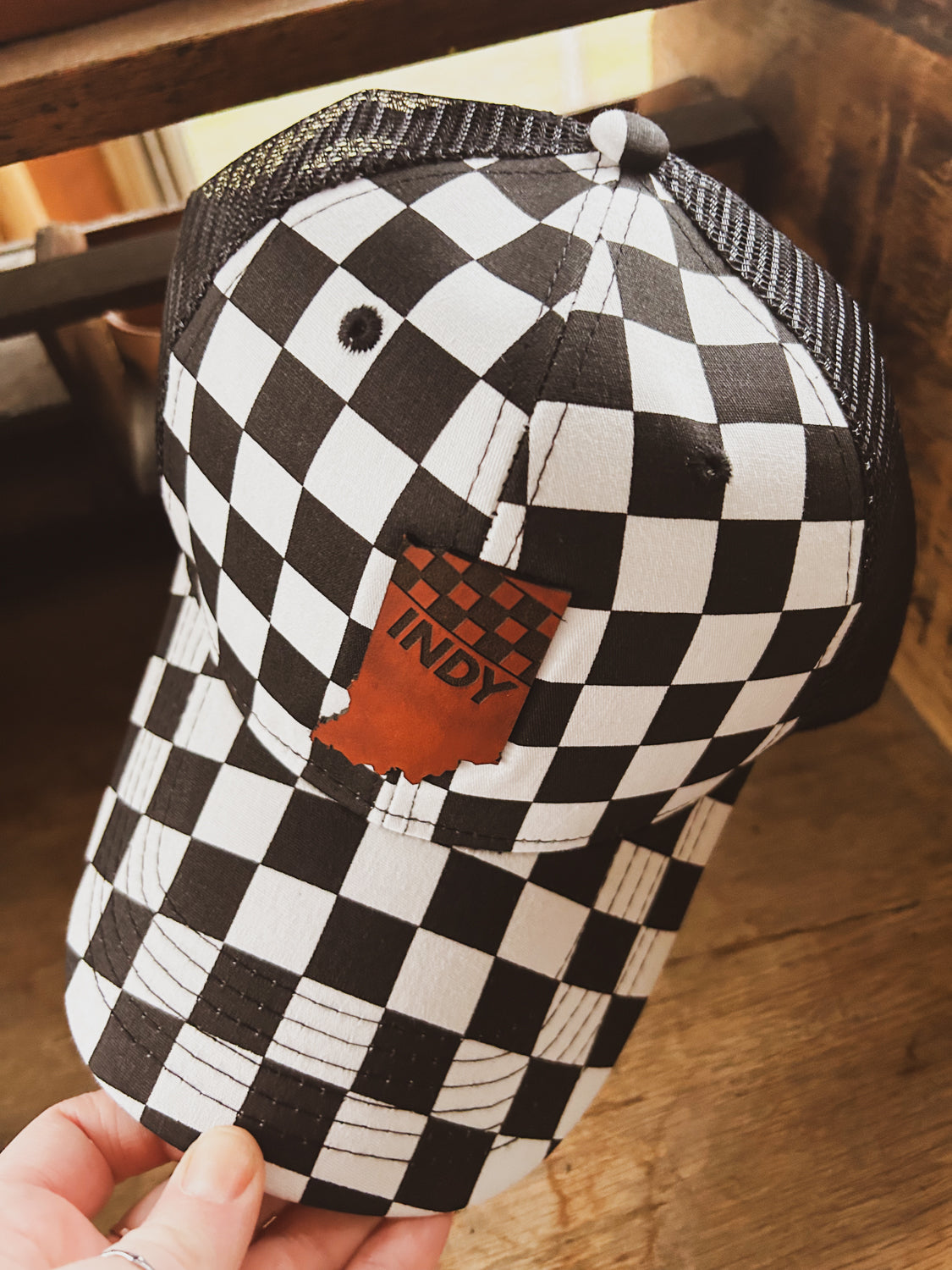 Indy Racing Leather Patch on Curved Checkered Hat - Mesh Back