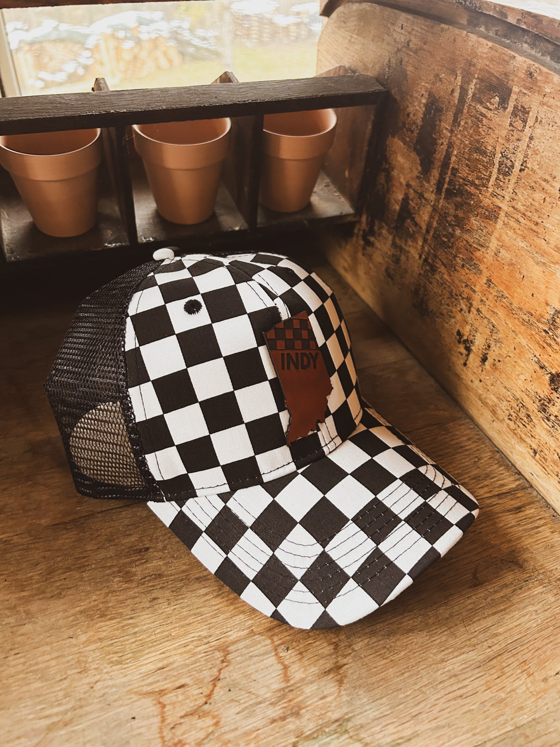 Indy Racing Leather Patch on Curved Checkered Hat - Mesh Back