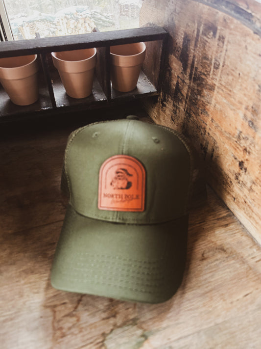 Santa's Workshop Leather Patch Hat - Olive Trucker