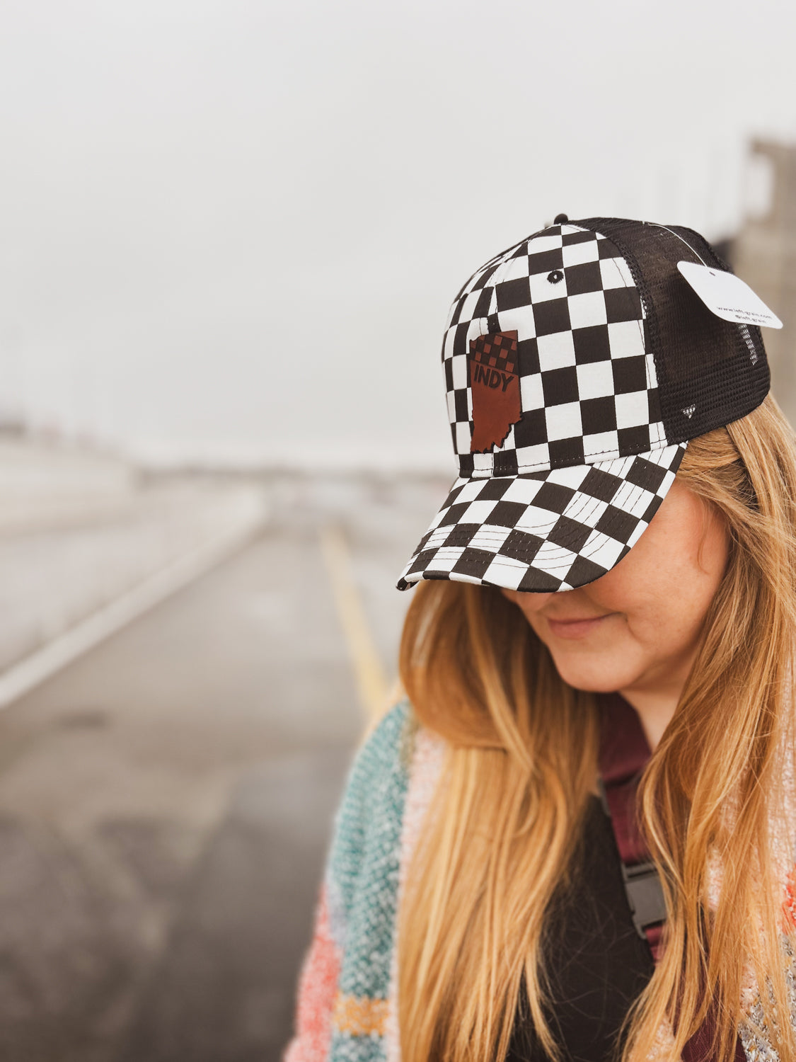 Indy Racing Leather Patch on Curved Checkered Hat - Mesh Back