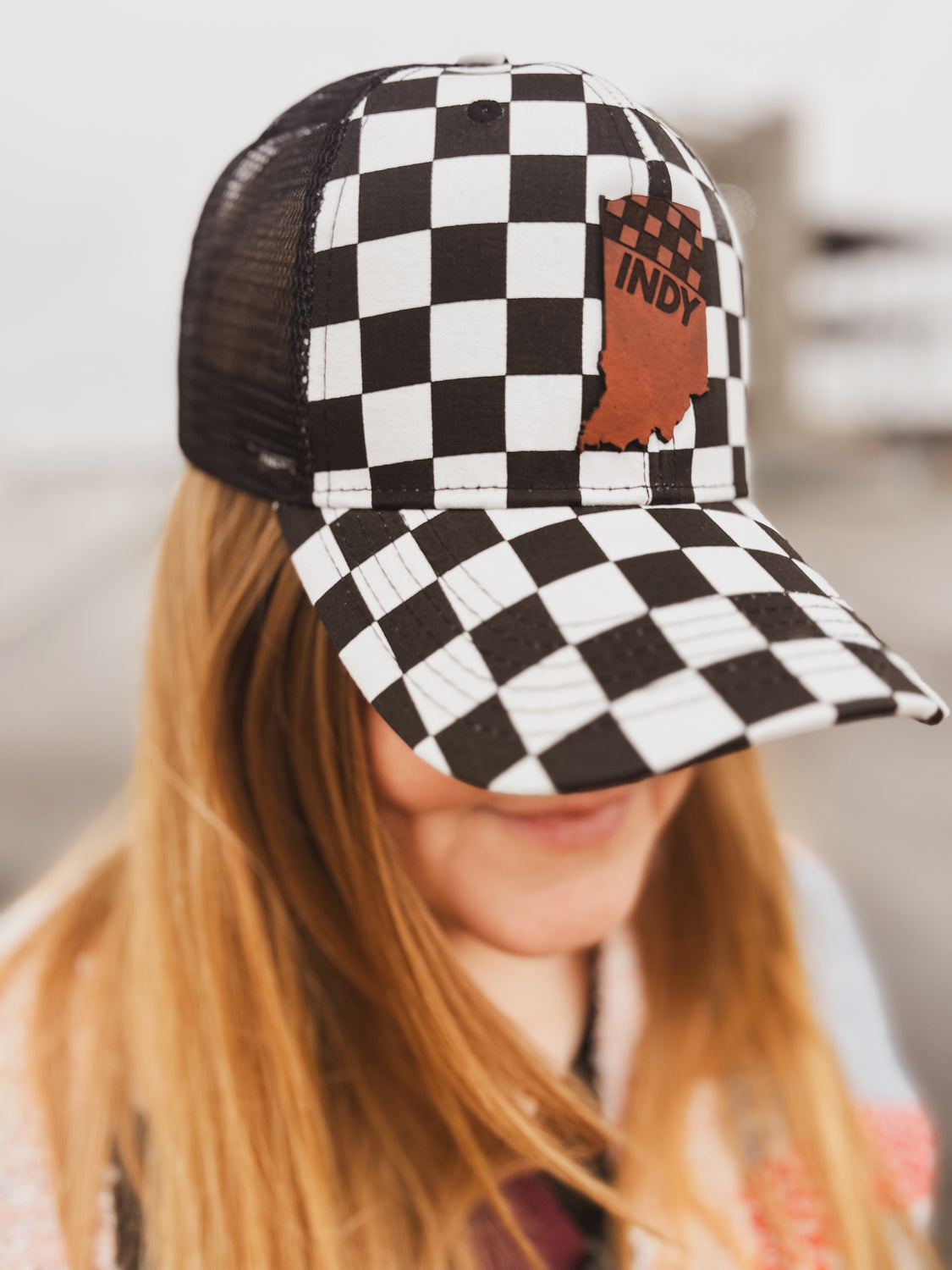 Indy Racing Leather Patch on Curved Checkered Hat - Mesh Back