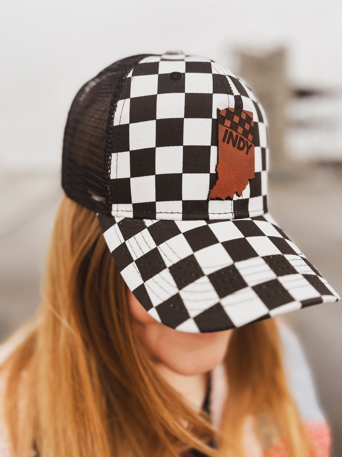 Indy Racing Leather Patch on Curved Checkered Hat - Mesh Back