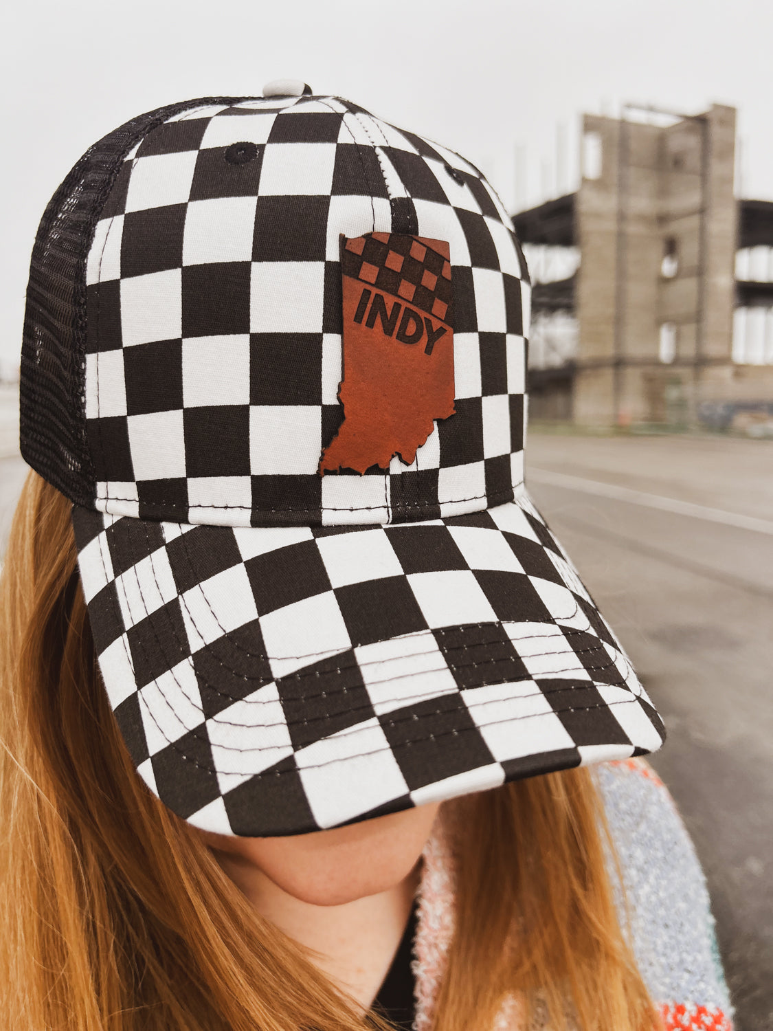 Indy Racing Leather Patch on Curved Checkered Hat - Mesh Back