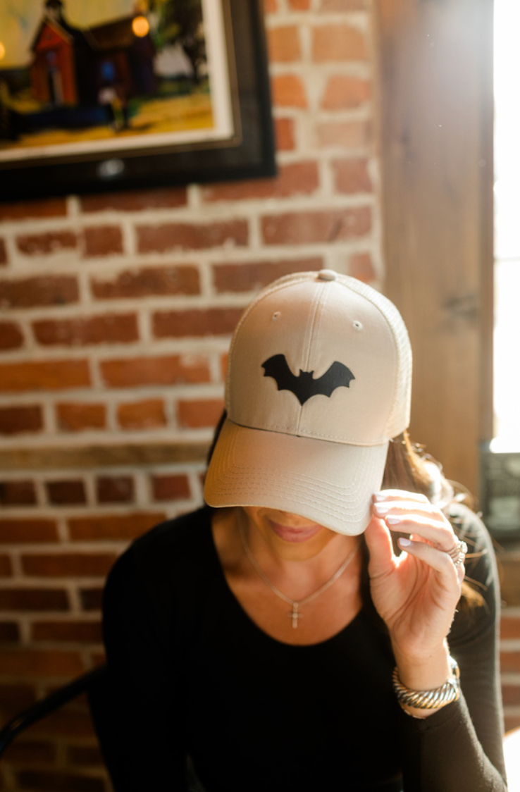 Bat Hat - Leather Patch on Kahki Hat